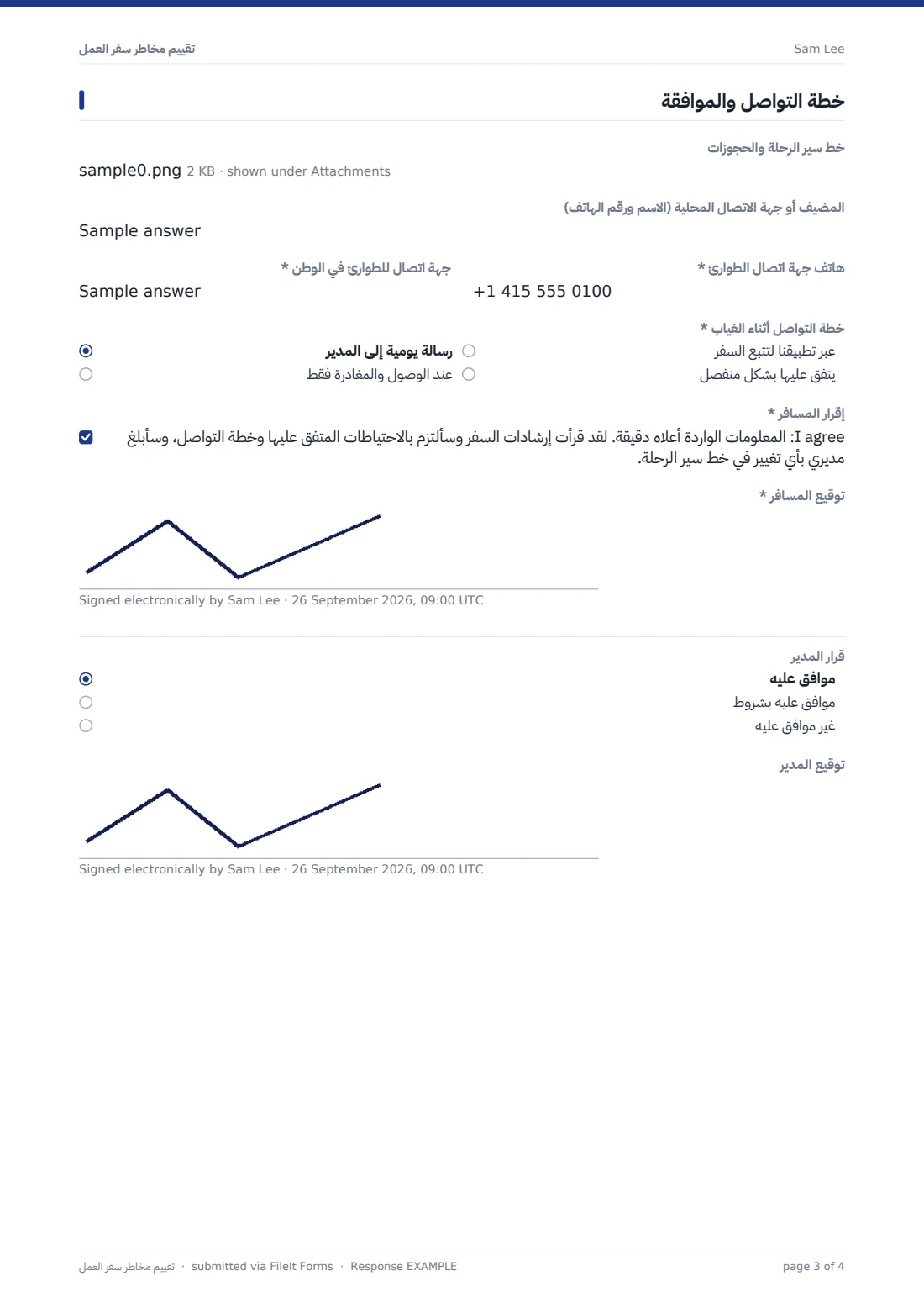 تقييم مخاطر سفر العمل — ملف PDF لرد نموذجي، الصفحة 3 من 4