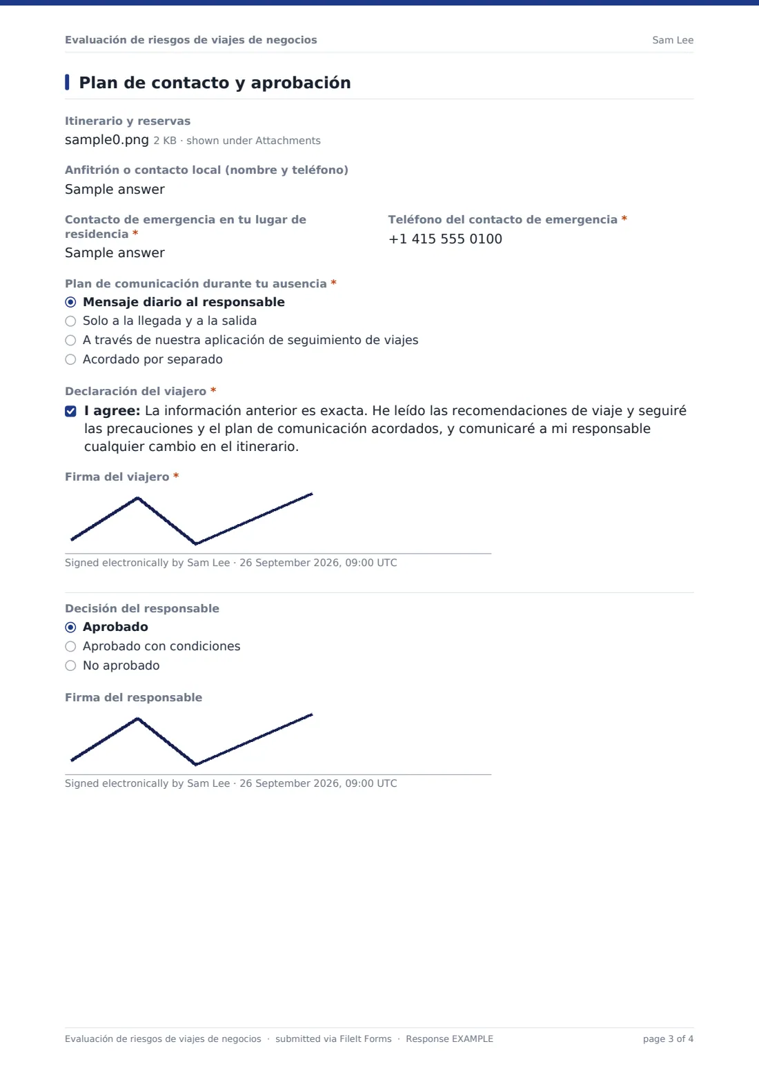 Evaluación de riesgos de viajes de negocios — PDF de respuesta de ejemplo, página 3 de 4