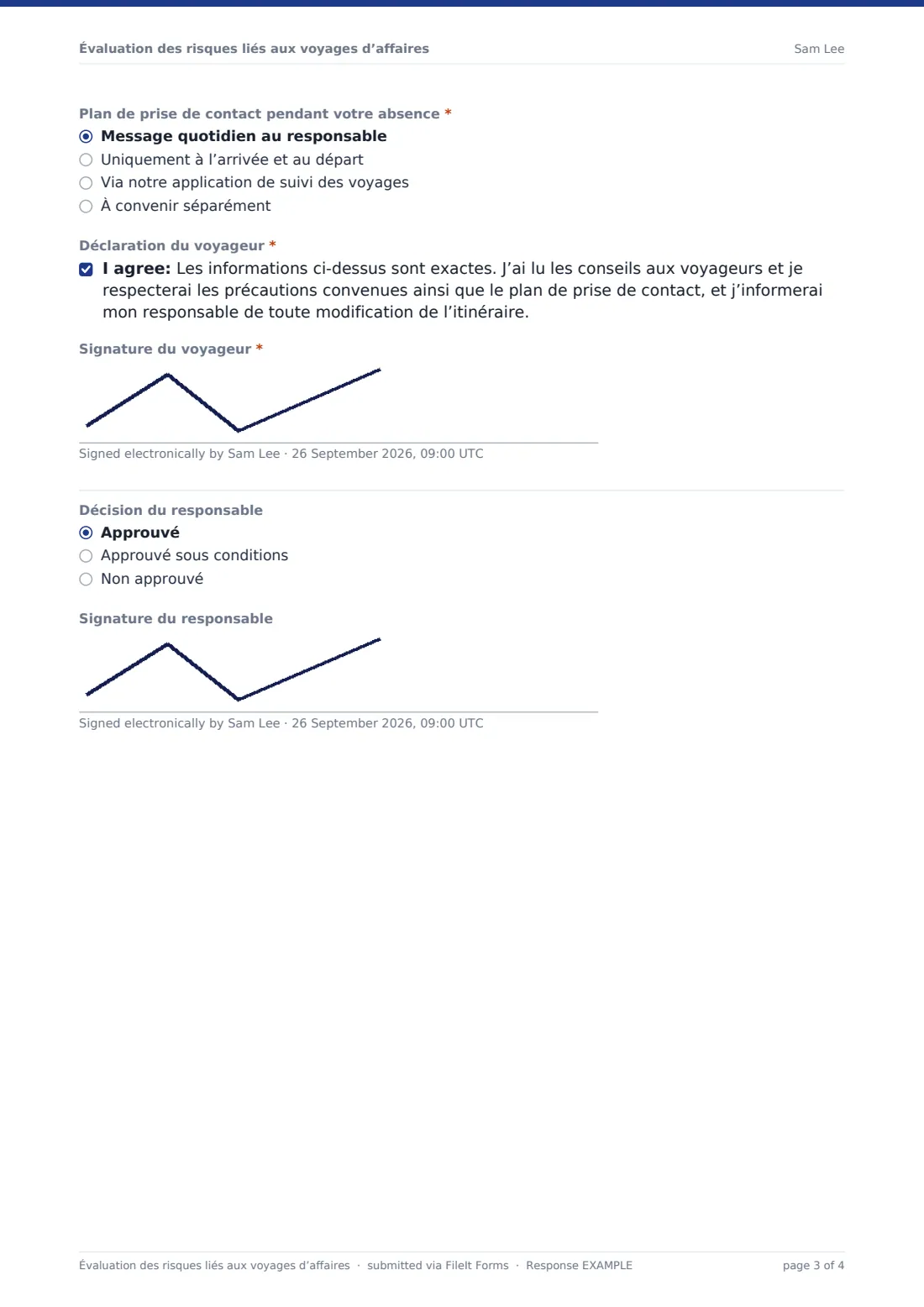 Évaluation des risques liés aux voyages d’affaires — exemple de réponse au format PDF, page 3 sur 4