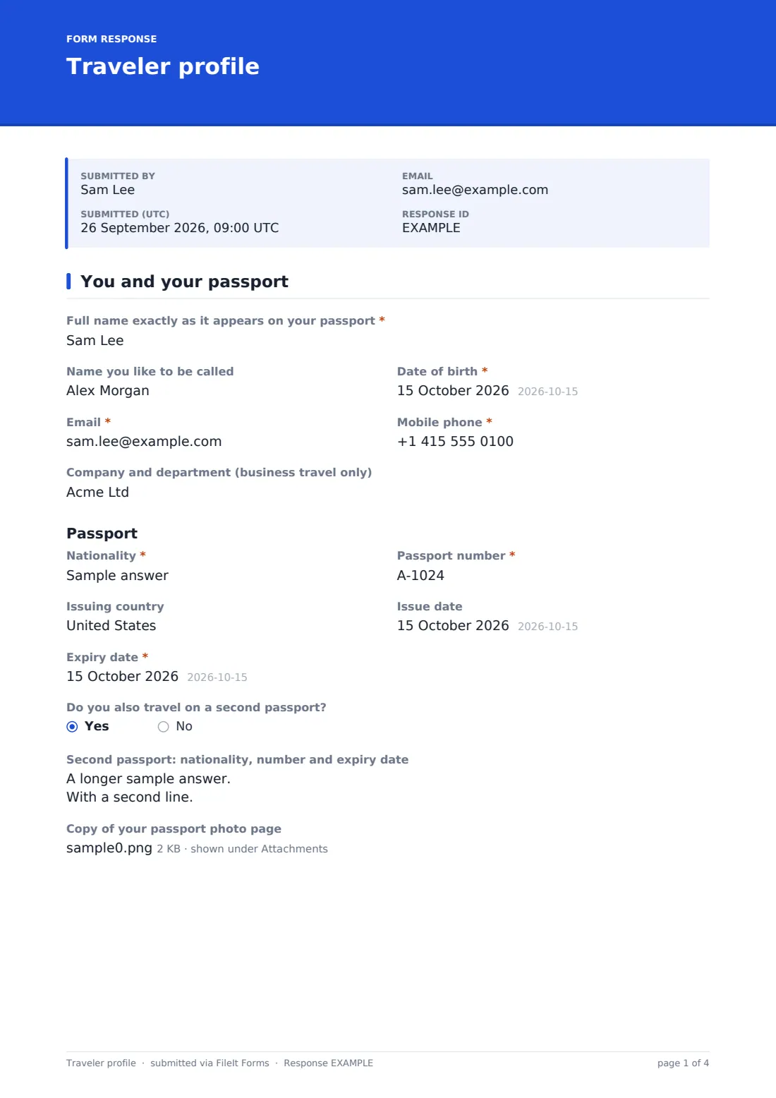 Traveler profile — example response PDF, page 1 of 4