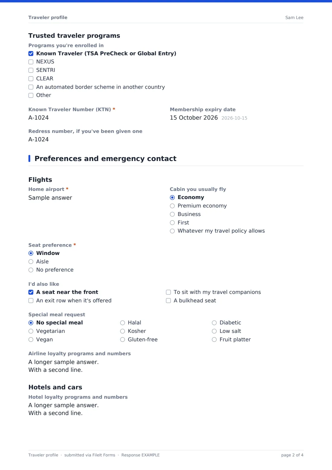Traveler profile — example response PDF, page 2 of 4