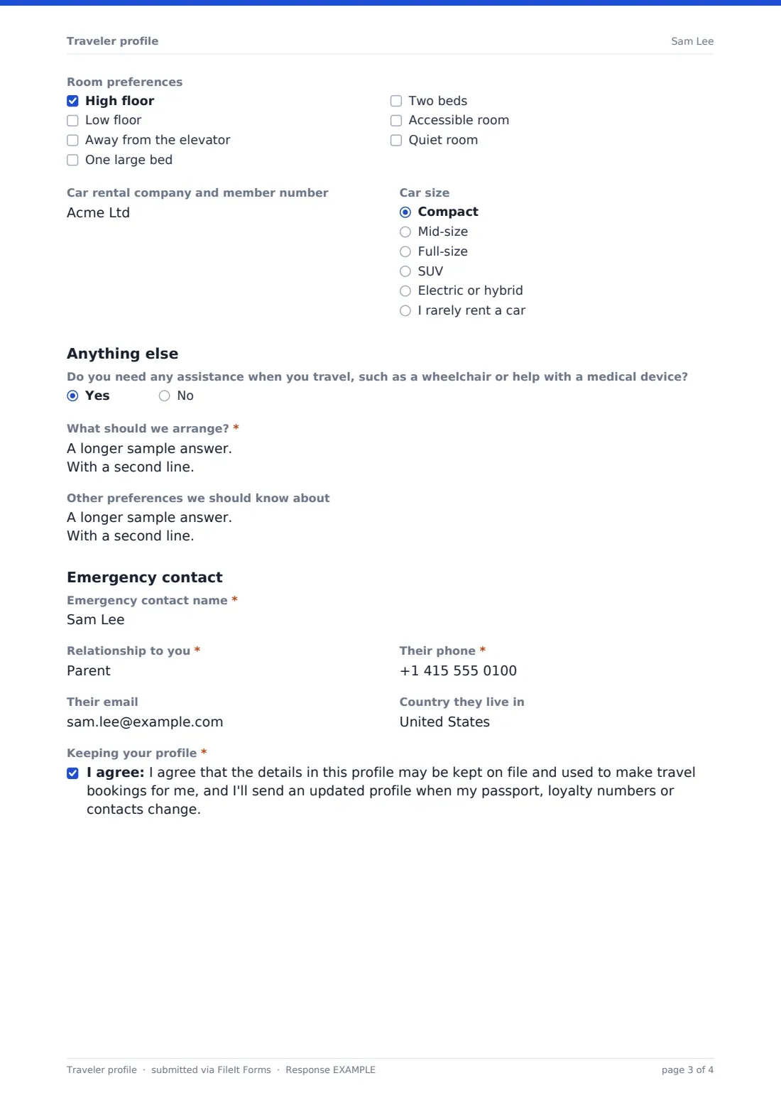 Traveler profile — example response PDF, page 3 of 4