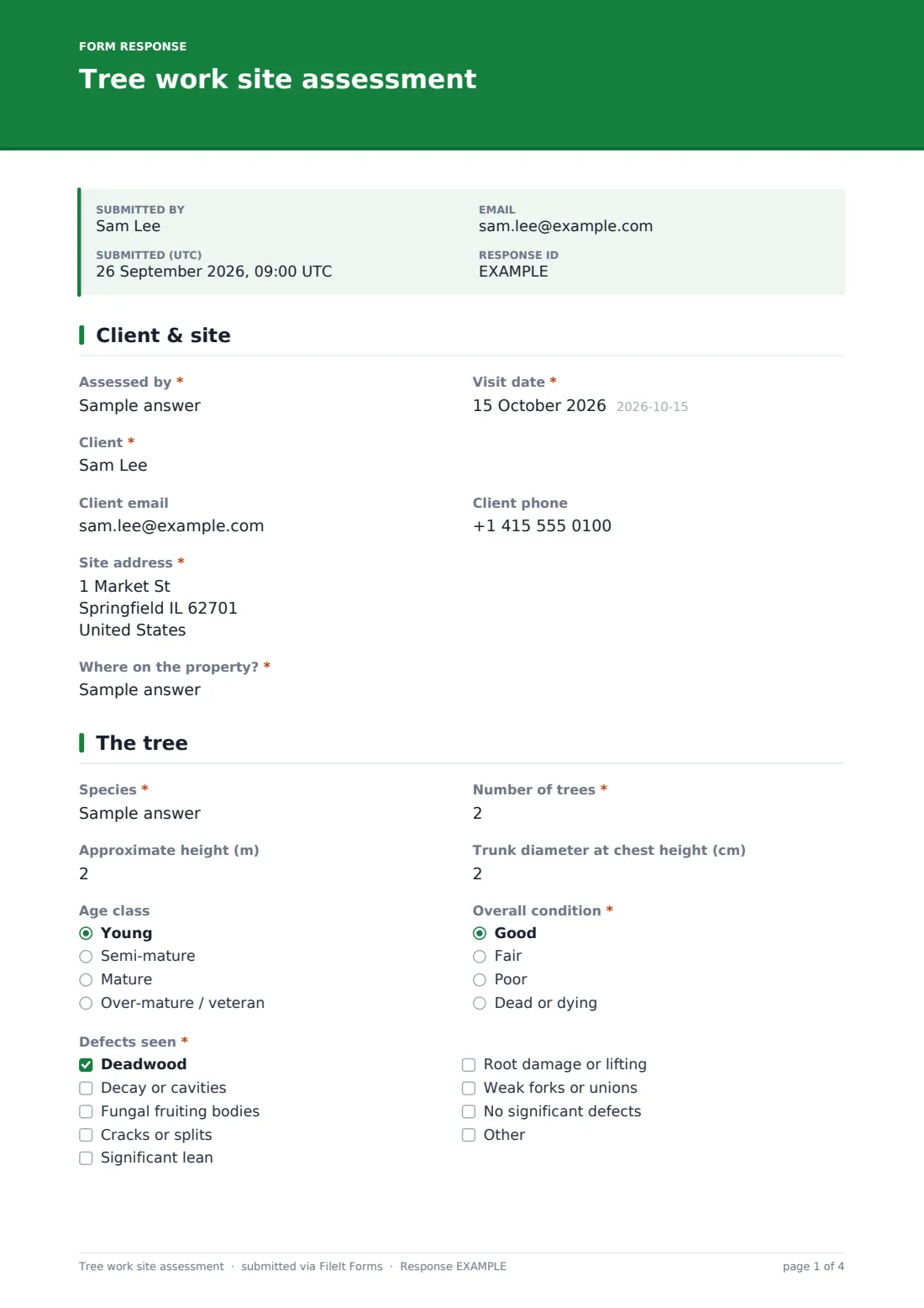 Tree work site assessment — example response PDF, page 1 of 4