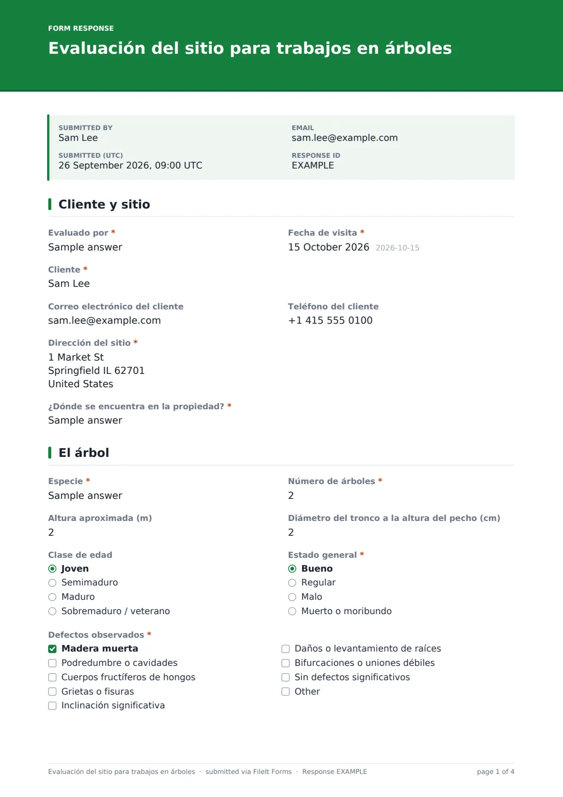 Evaluación del sitio para trabajos en árboles — PDF de respuesta de ejemplo, página 1 de 4