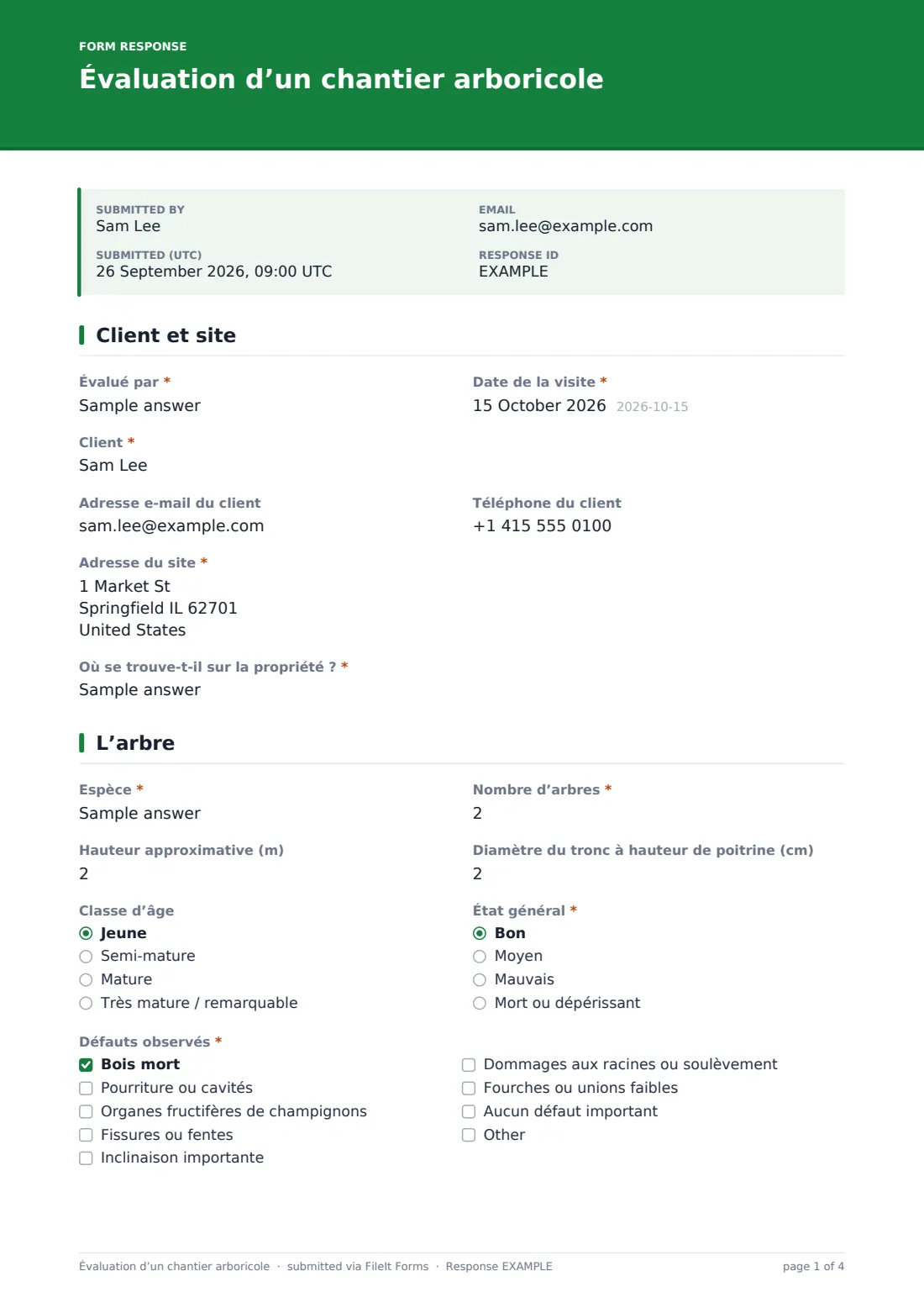 Évaluation d’un chantier arboricole — exemple de réponse au format PDF, page 1 sur 4