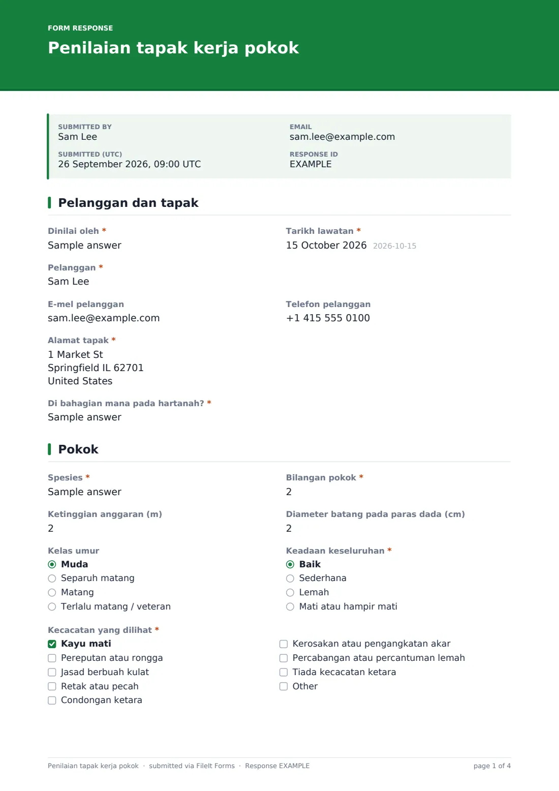 Penilaian tapak kerja pokok — PDF respons contoh, halaman 1 daripada 4