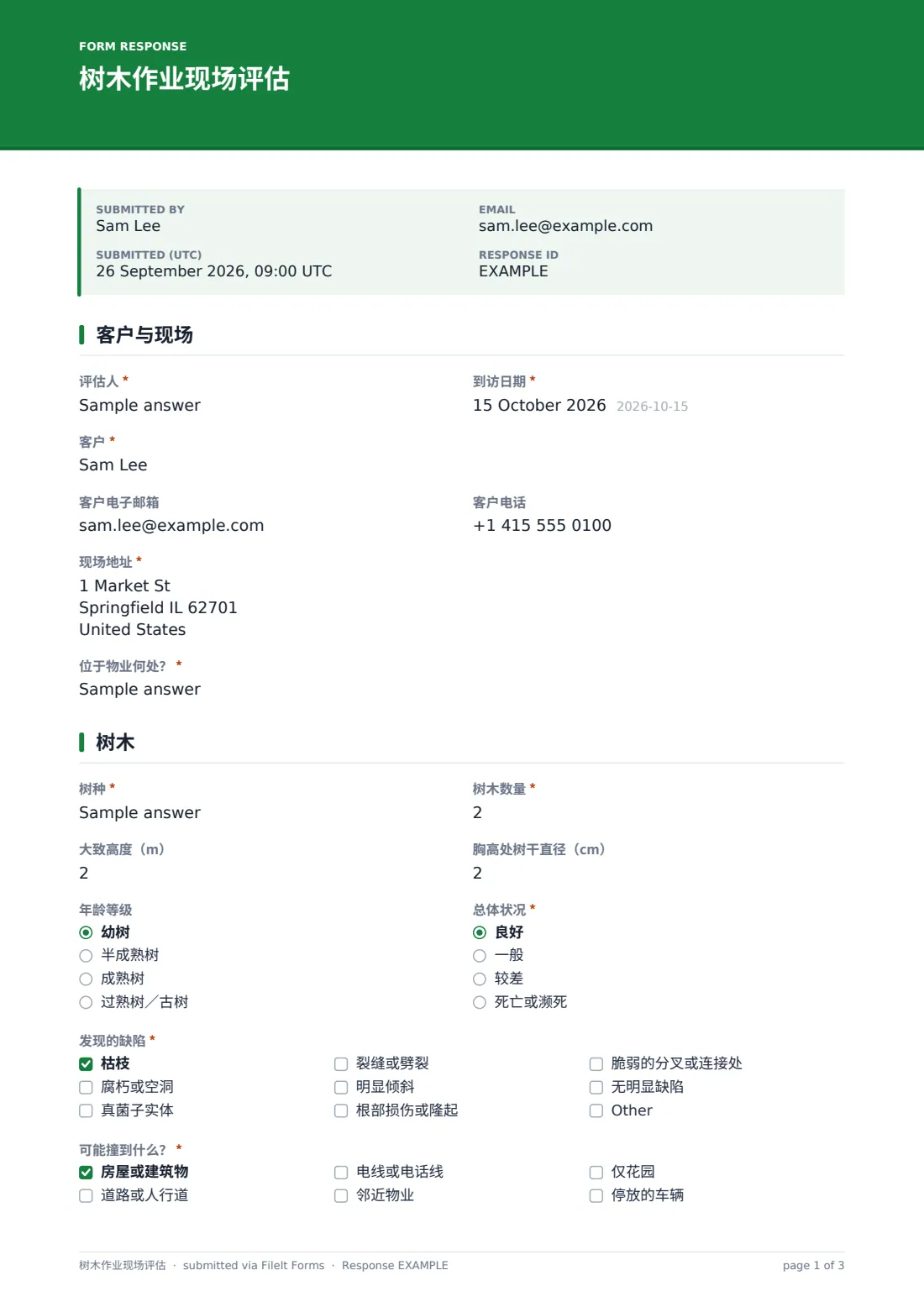 树木作业现场评估 — 示例回复 PDF，第 1 页，共 3 页