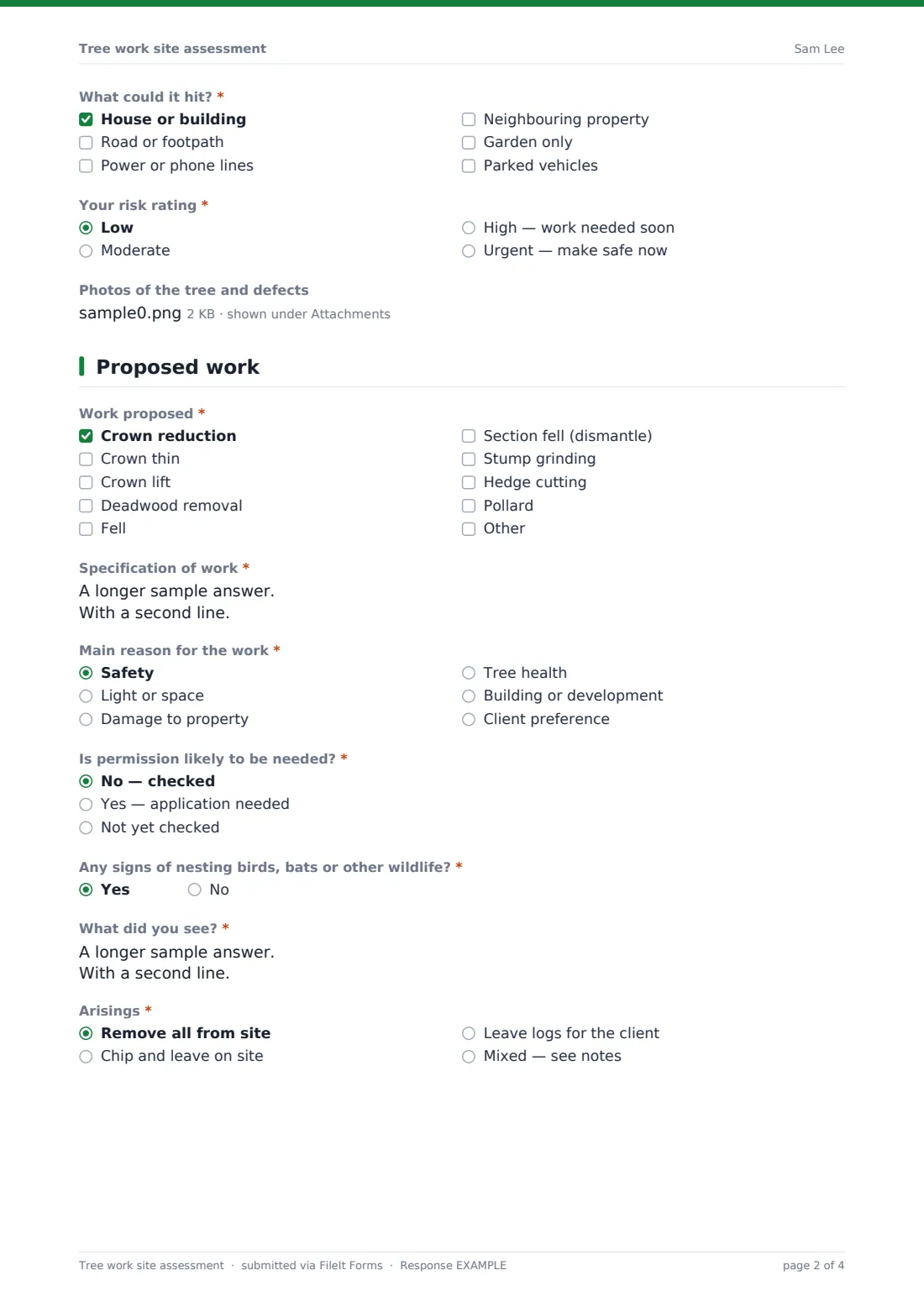 Tree work site assessment — example response PDF, page 2 of 4