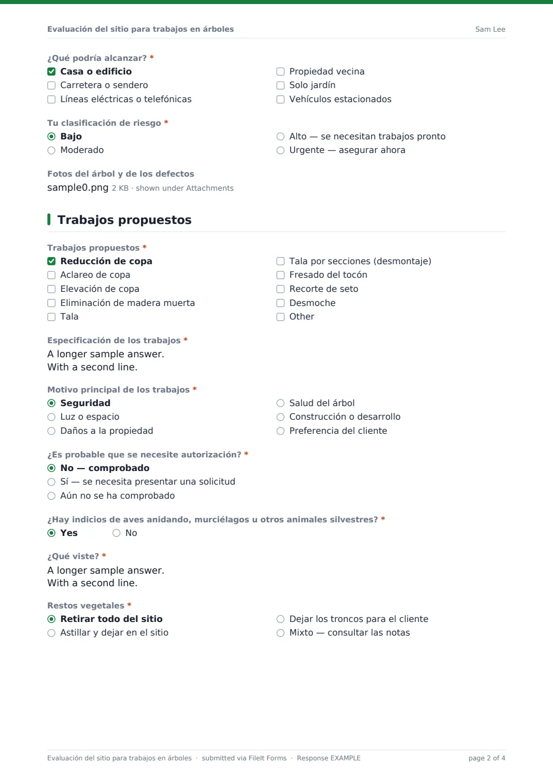 Evaluación del sitio para trabajos en árboles — PDF de respuesta de ejemplo, página 2 de 4