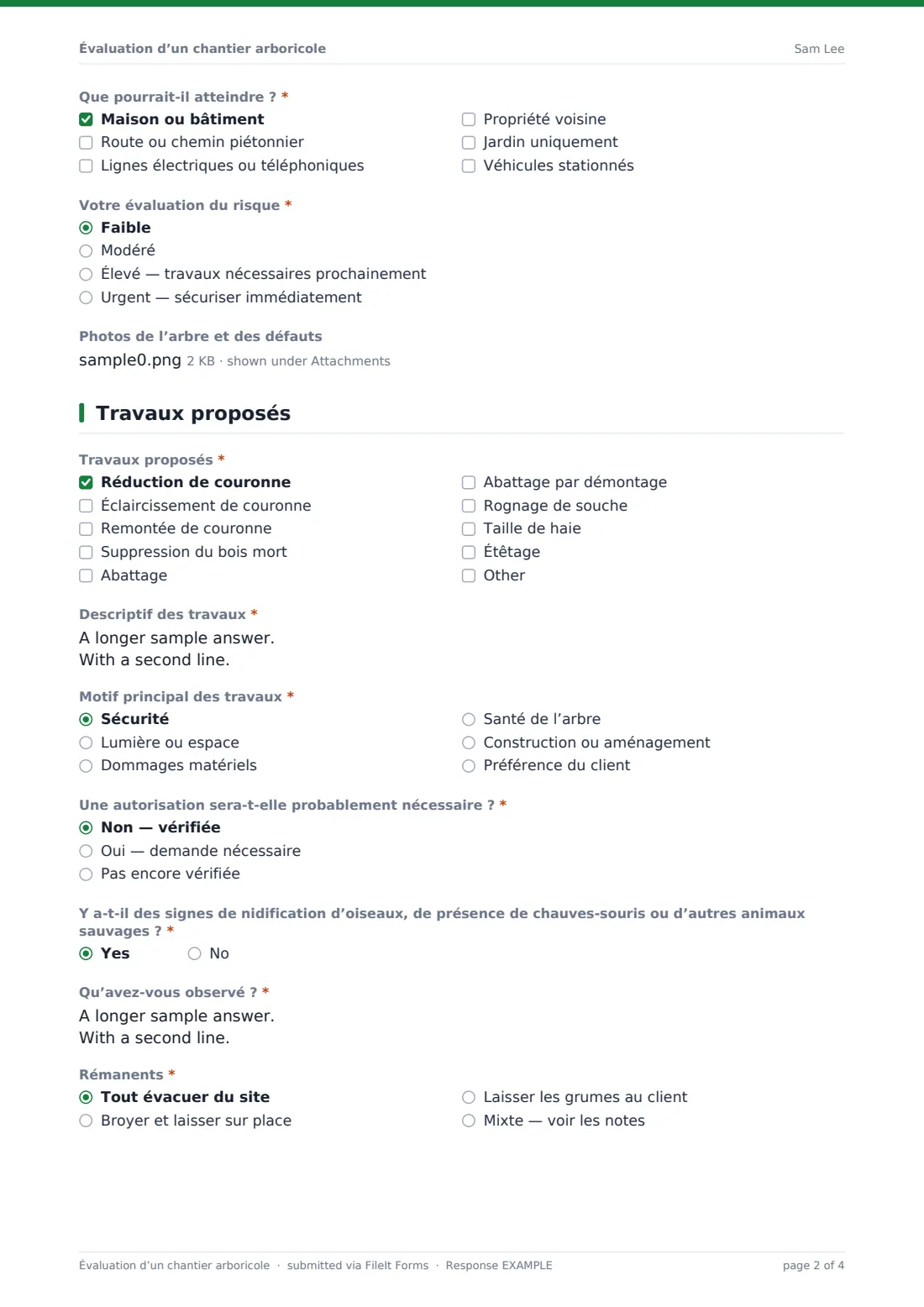 Évaluation d’un chantier arboricole — exemple de réponse au format PDF, page 2 sur 4