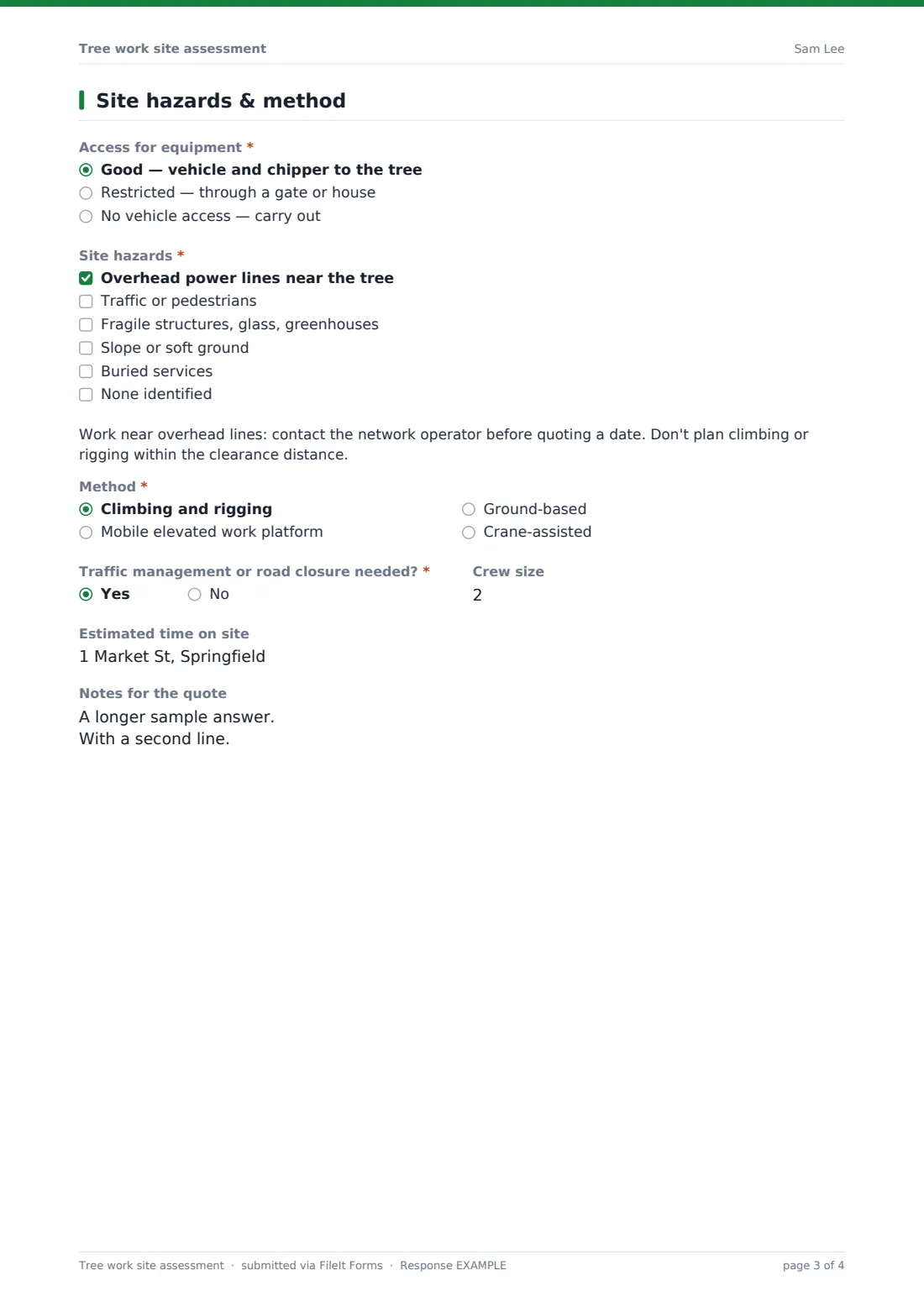 Tree work site assessment — example response PDF, page 3 of 4