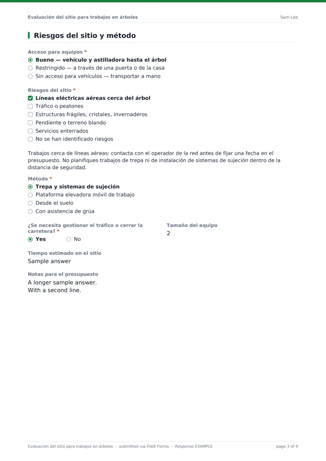 Evaluación del sitio para trabajos en árboles — PDF de respuesta de ejemplo, página 3 de 4