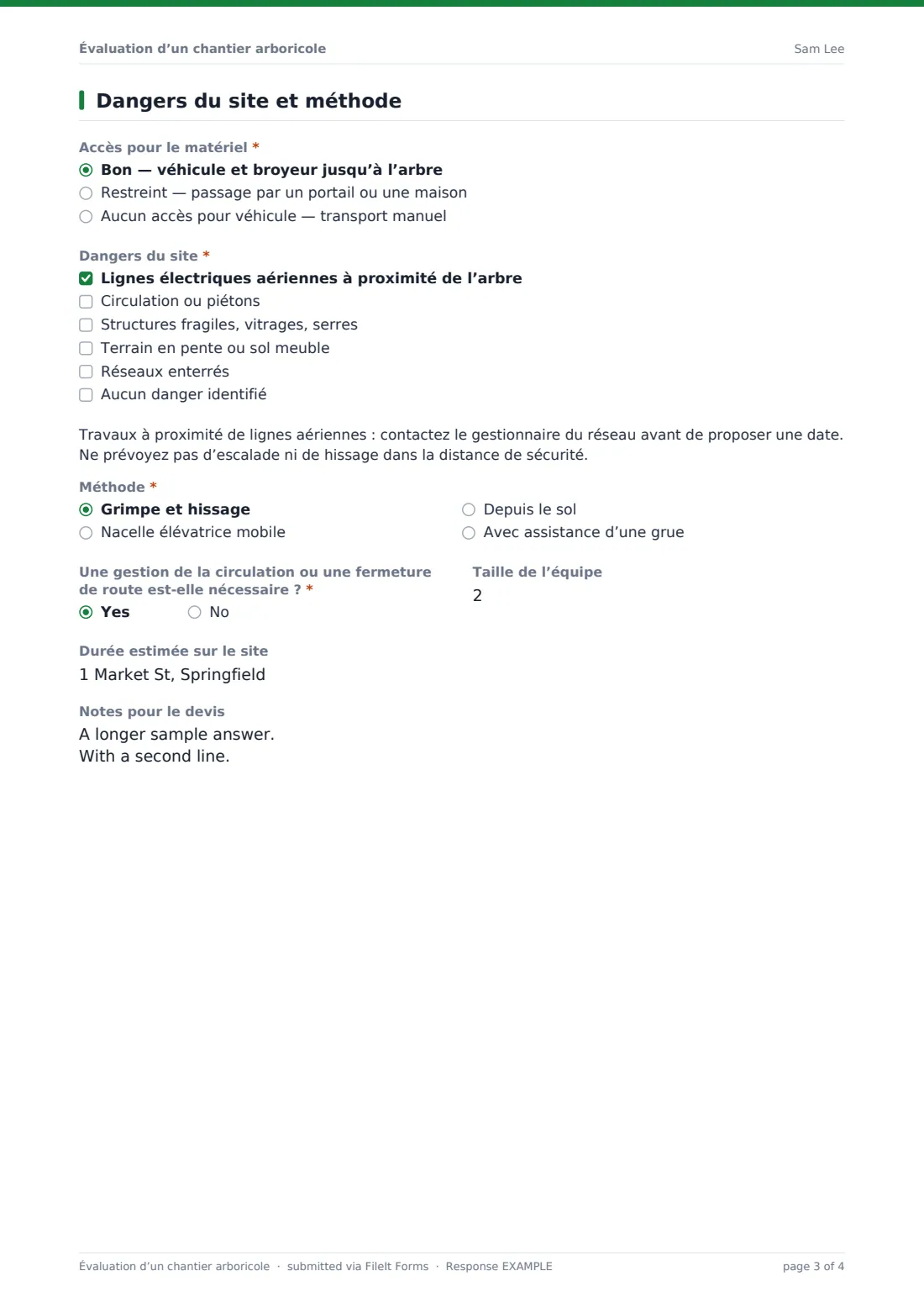 Évaluation d’un chantier arboricole — exemple de réponse au format PDF, page 3 sur 4