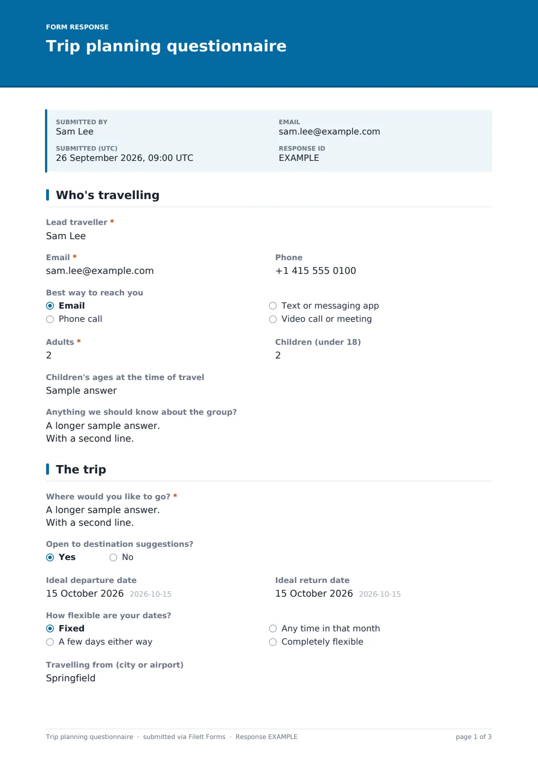 Trip planning questionnaire — example response PDF, page 1 of 3
