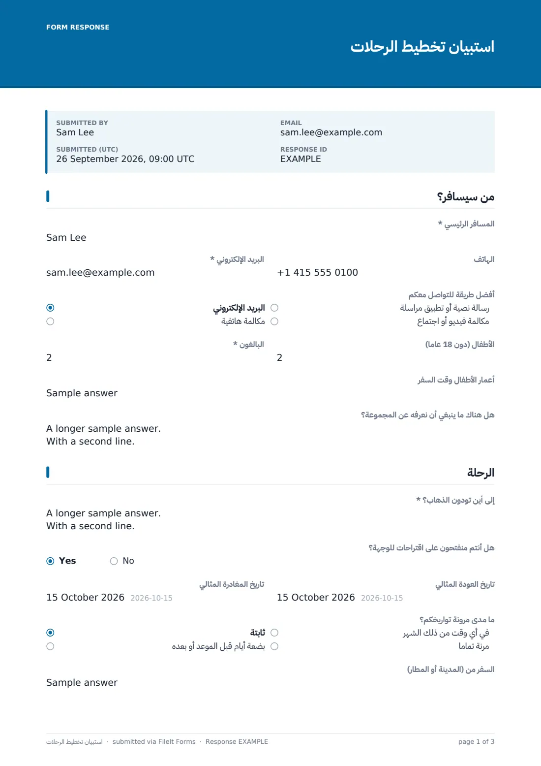 استبيان تخطيط الرحلات — ملف PDF لرد نموذجي، الصفحة 1 من 3