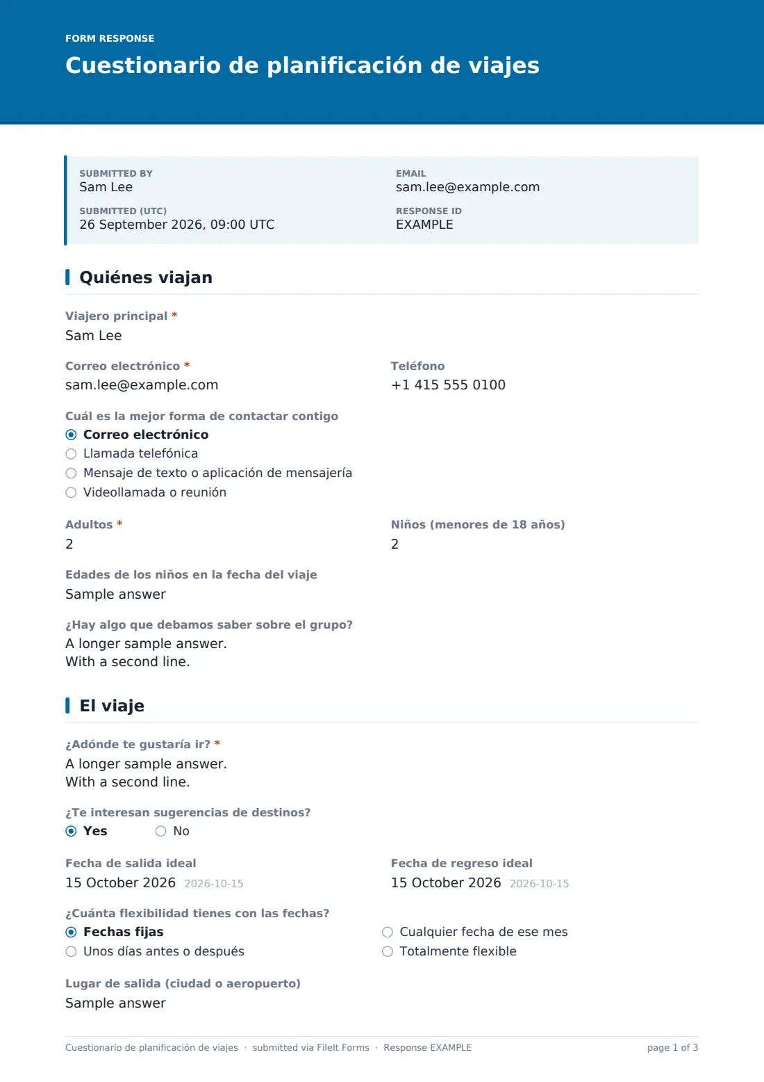 Cuestionario de planificación de viajes — PDF de respuesta de ejemplo, página 1 de 3