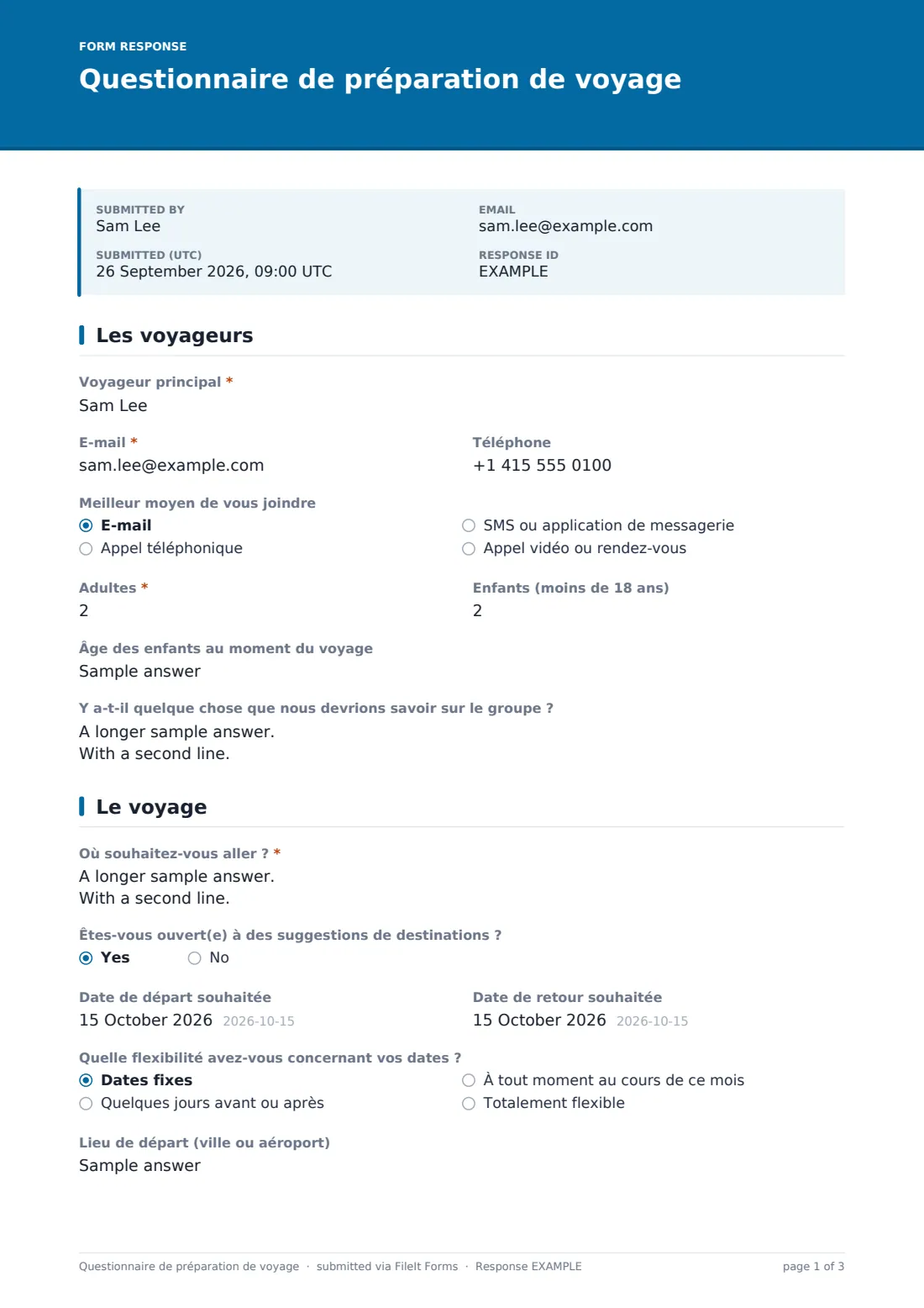 Questionnaire de préparation de voyage — exemple de réponse au format PDF, page 1 sur 3