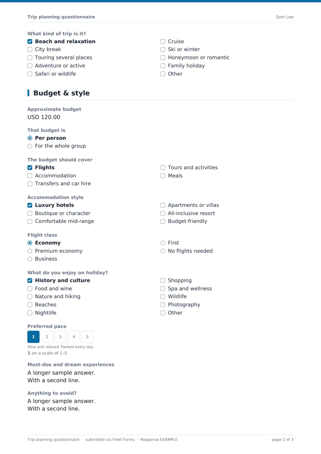 Trip planning questionnaire — example response PDF, page 2 of 3