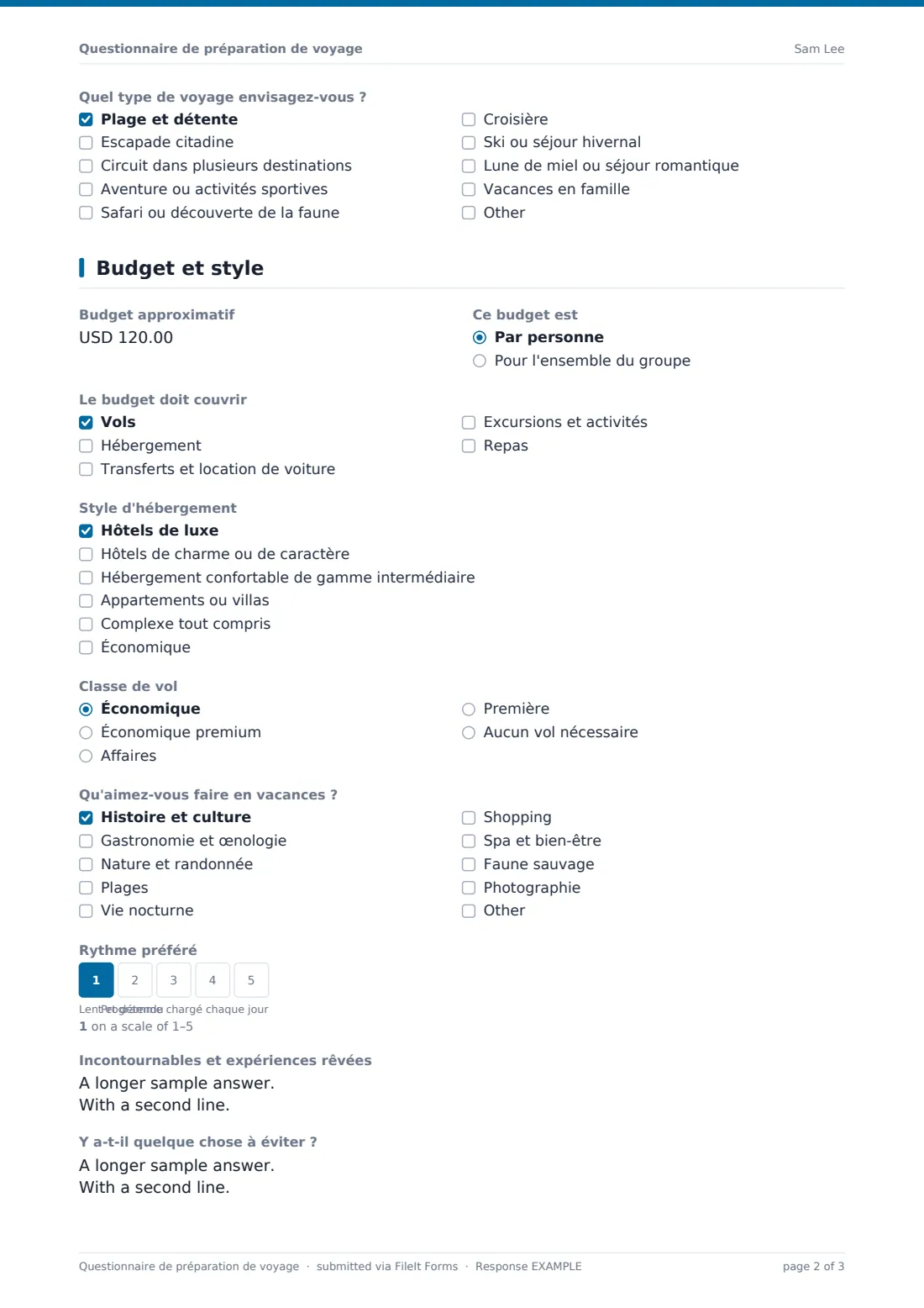 Questionnaire de préparation de voyage — exemple de réponse au format PDF, page 2 sur 3