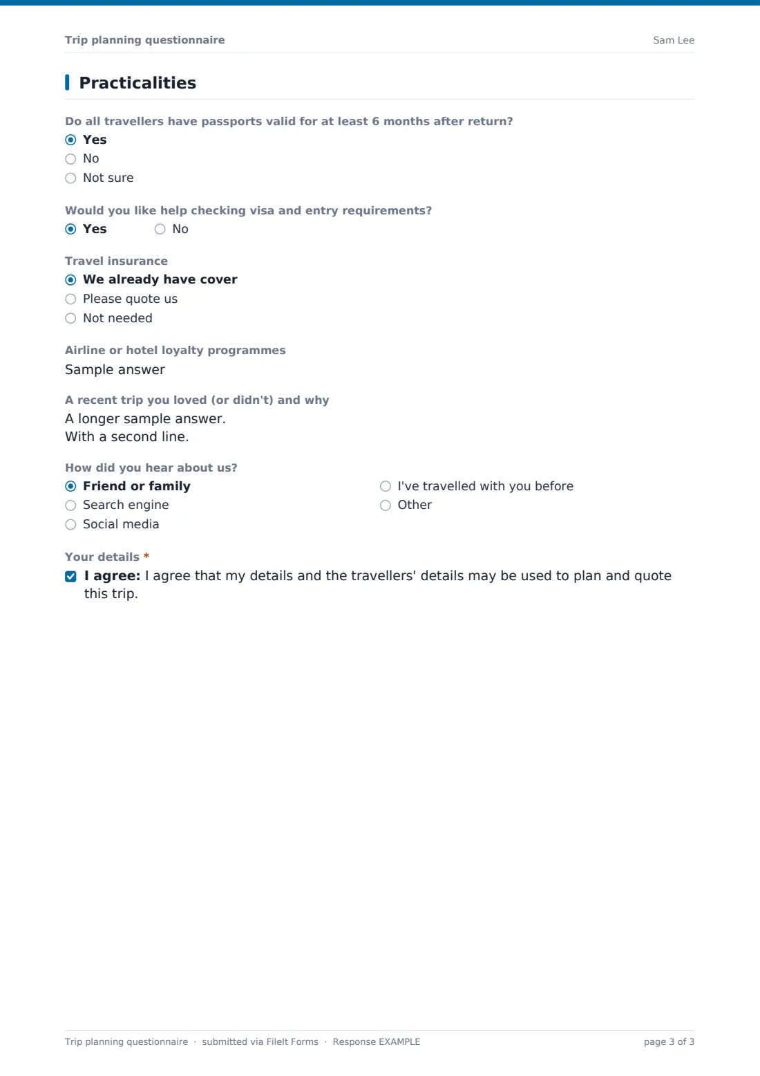 Trip planning questionnaire — example response PDF, page 3 of 3