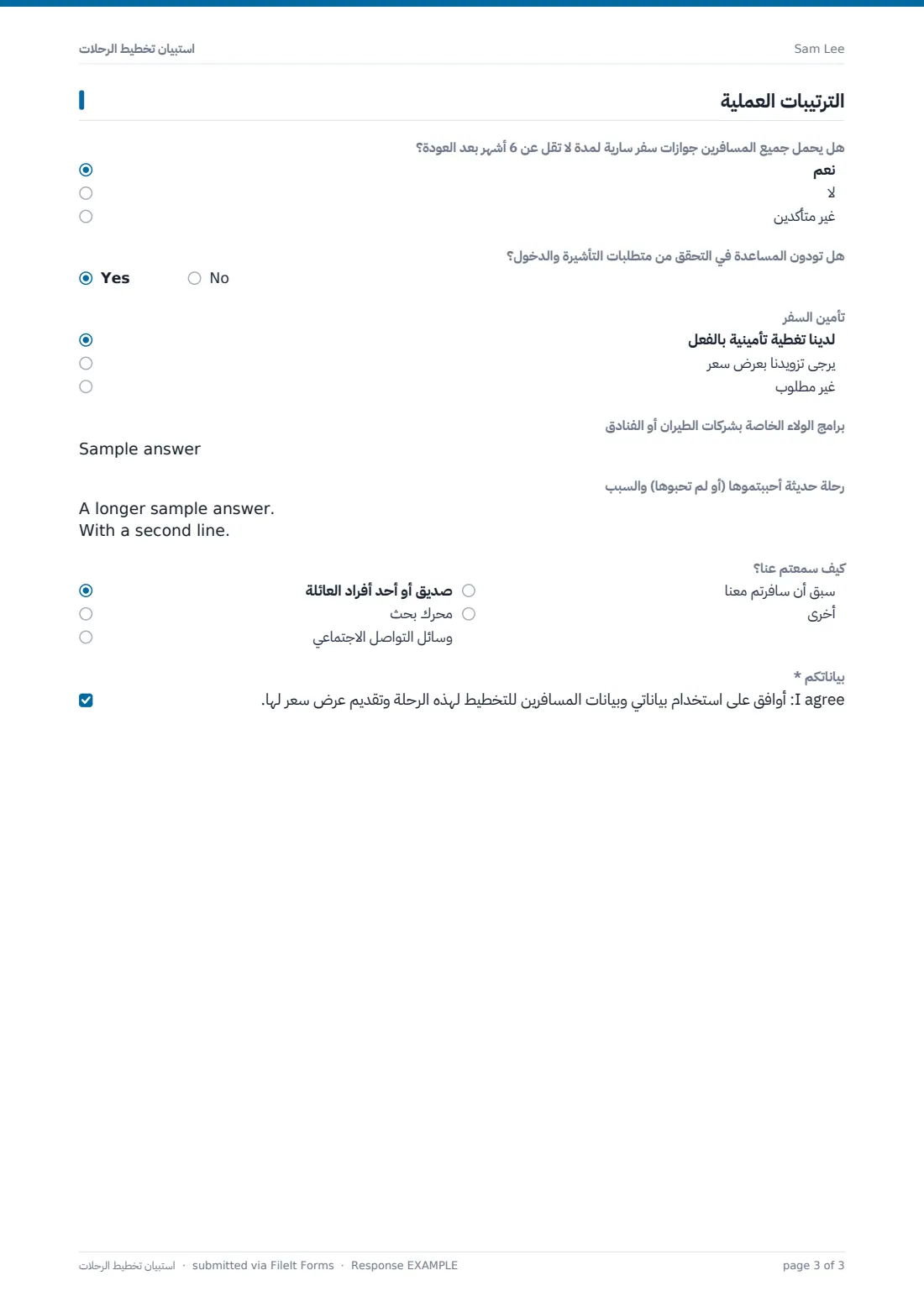 استبيان تخطيط الرحلات — ملف PDF لرد نموذجي، الصفحة 3 من 3