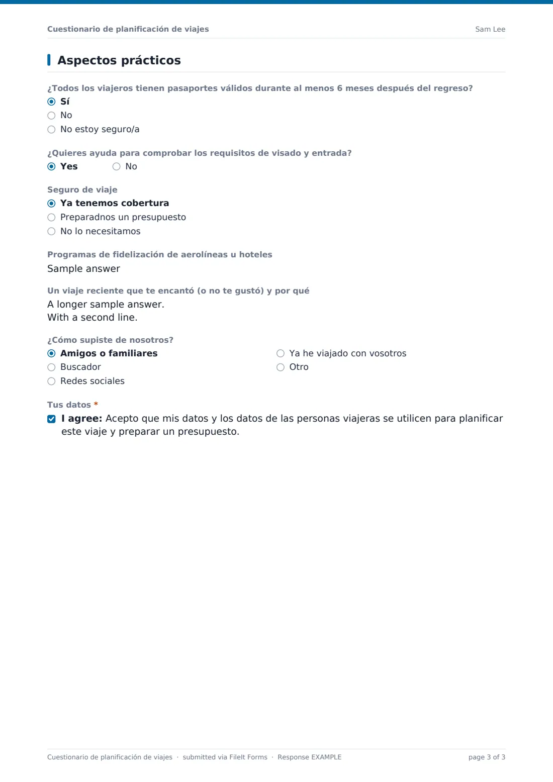 Cuestionario de planificación de viajes — PDF de respuesta de ejemplo, página 3 de 3