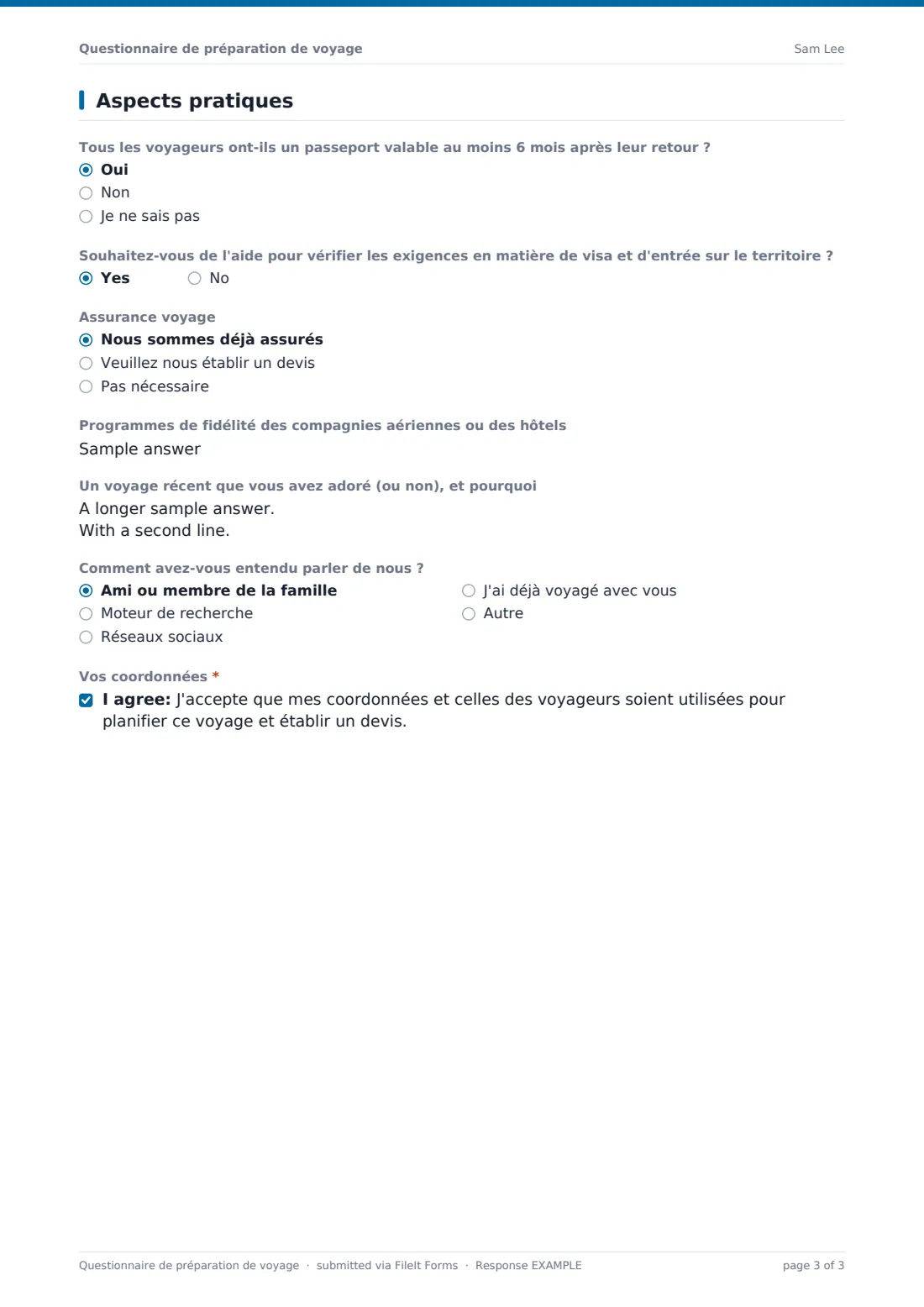 Questionnaire de préparation de voyage — exemple de réponse au format PDF, page 3 sur 3