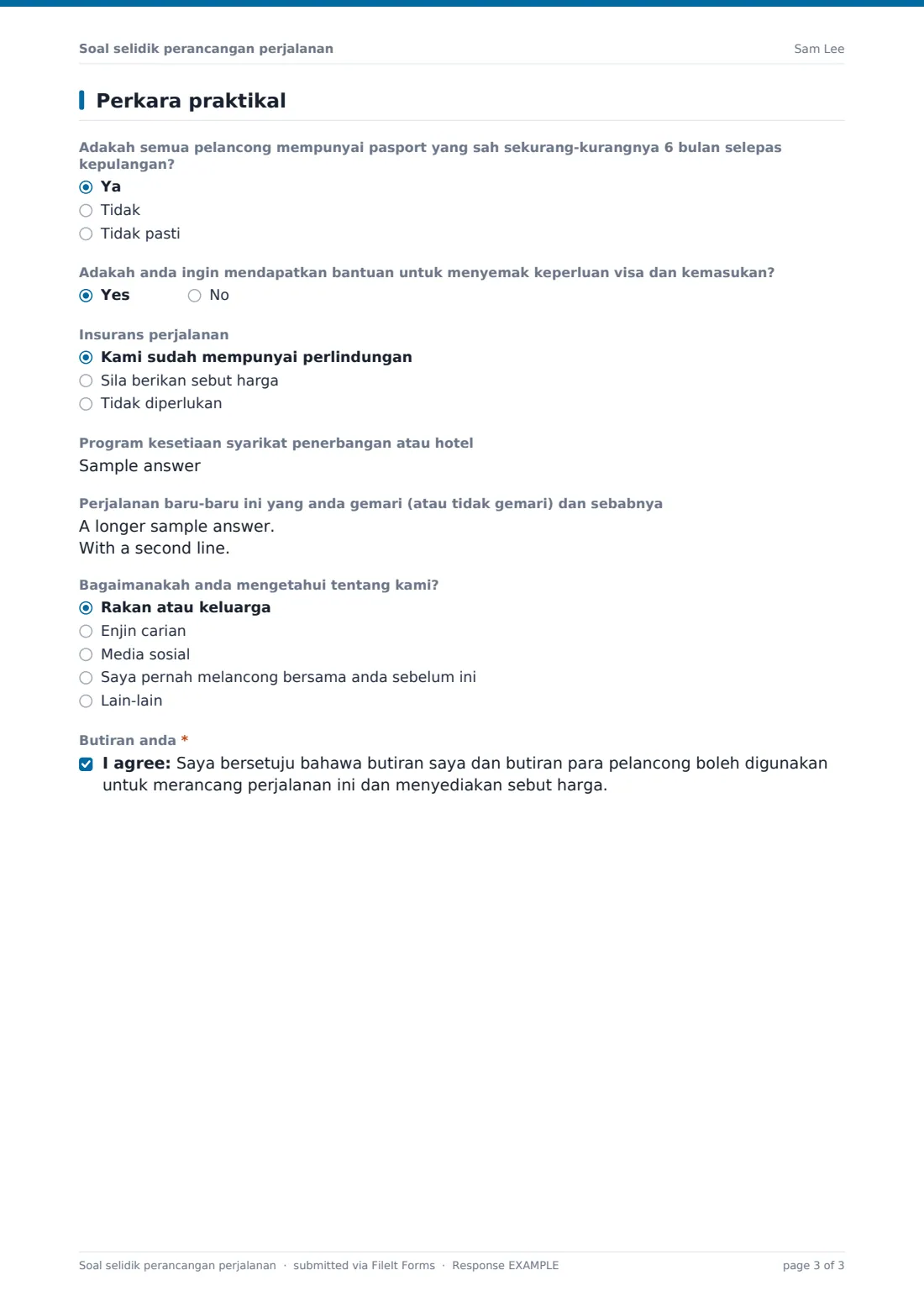 Soal selidik perancangan perjalanan — PDF respons contoh, halaman 3 daripada 3