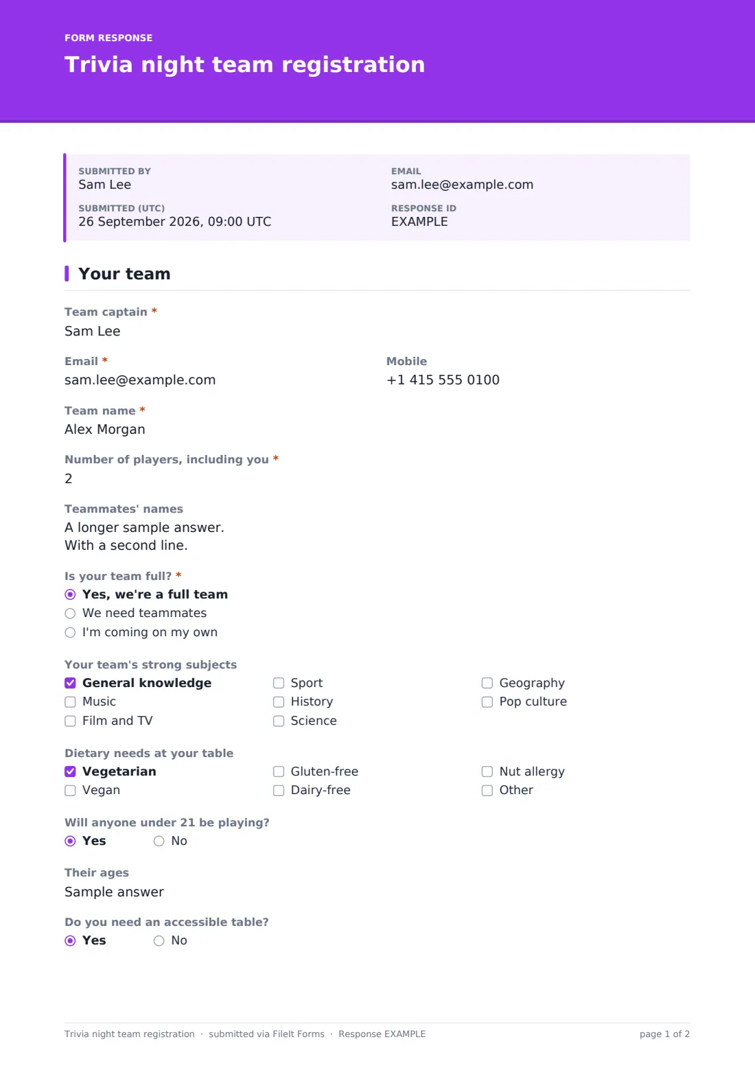 Trivia night team registration — example response PDF, page 1 of 2