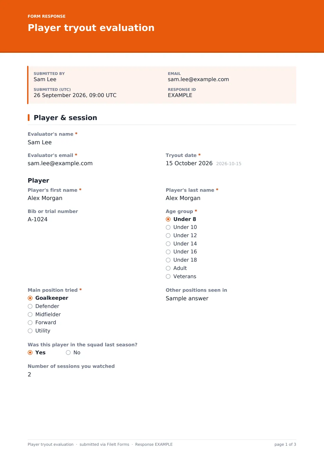 Player tryout evaluation — example response PDF, page 1 of 3
