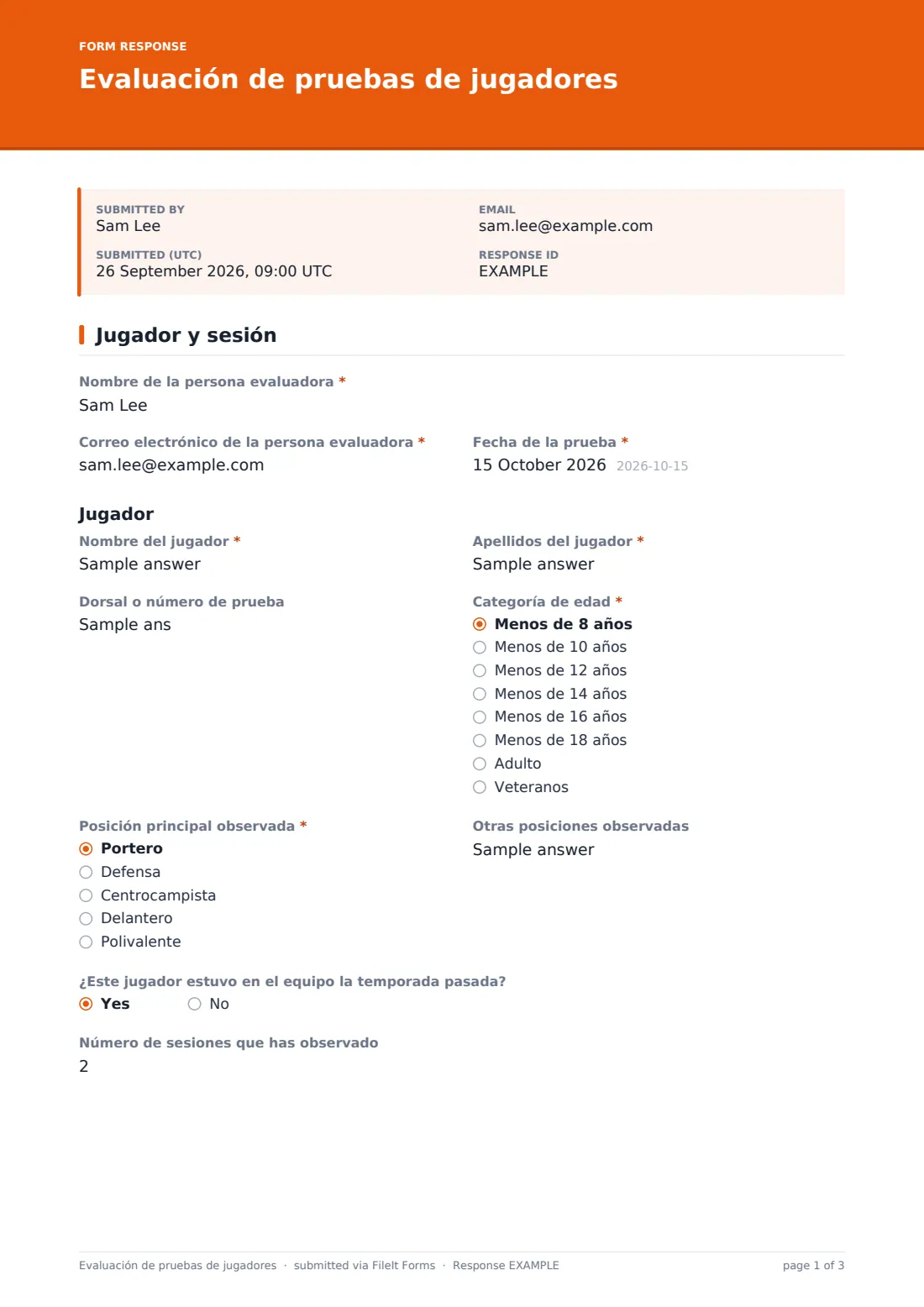 Evaluación de pruebas de jugadores — PDF de respuesta de ejemplo, página 1 de 3