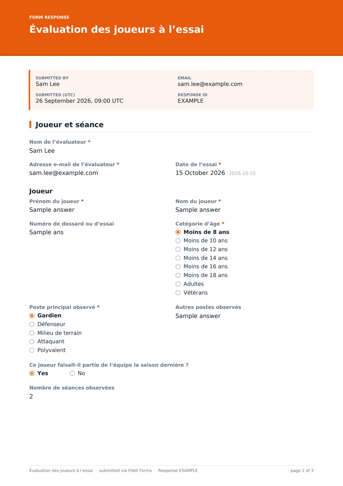 Évaluation des joueurs à l’essai — exemple de réponse au format PDF, page 1 sur 3