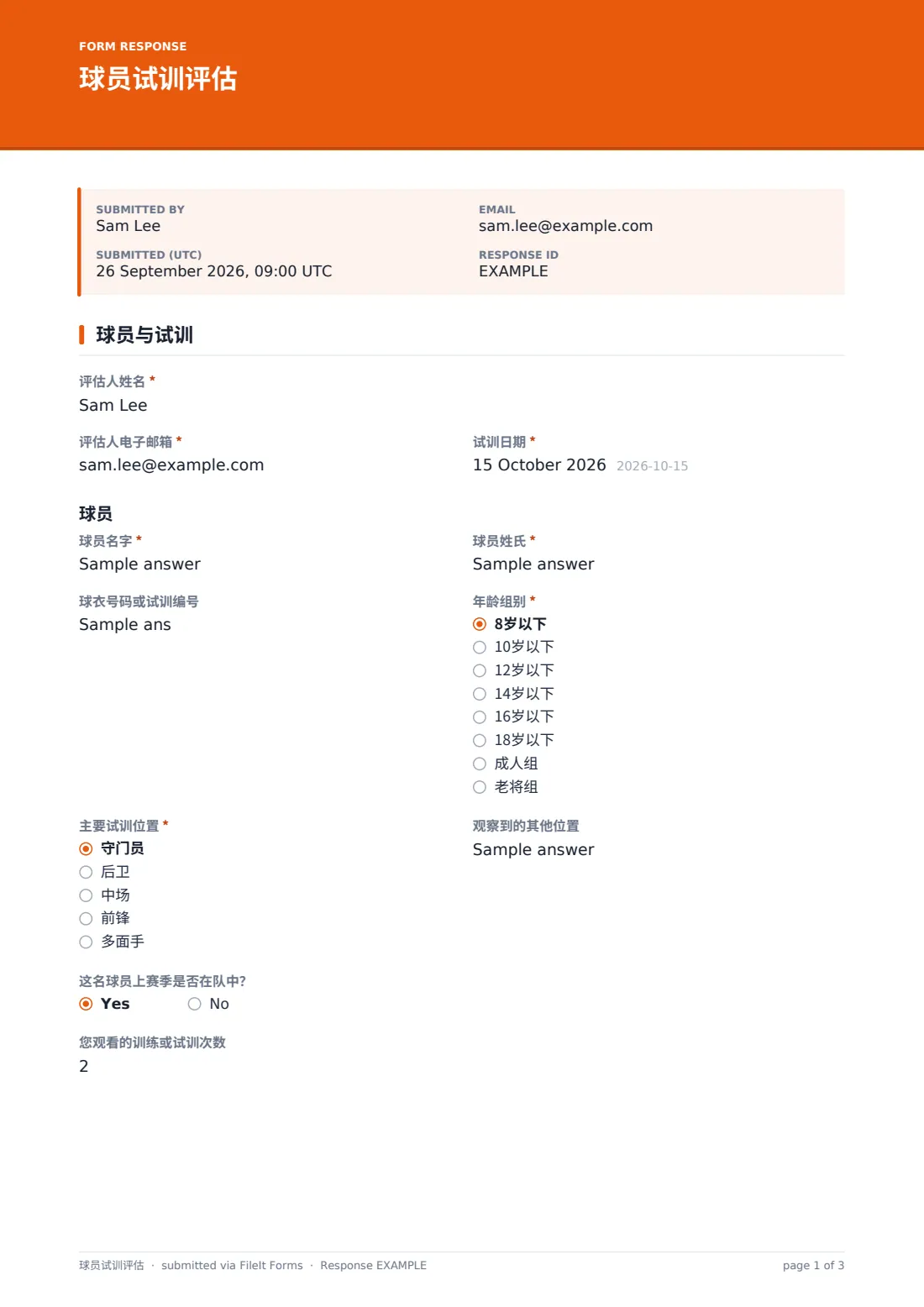 球员试训评估 — 示例回复 PDF，第 1 页，共 3 页