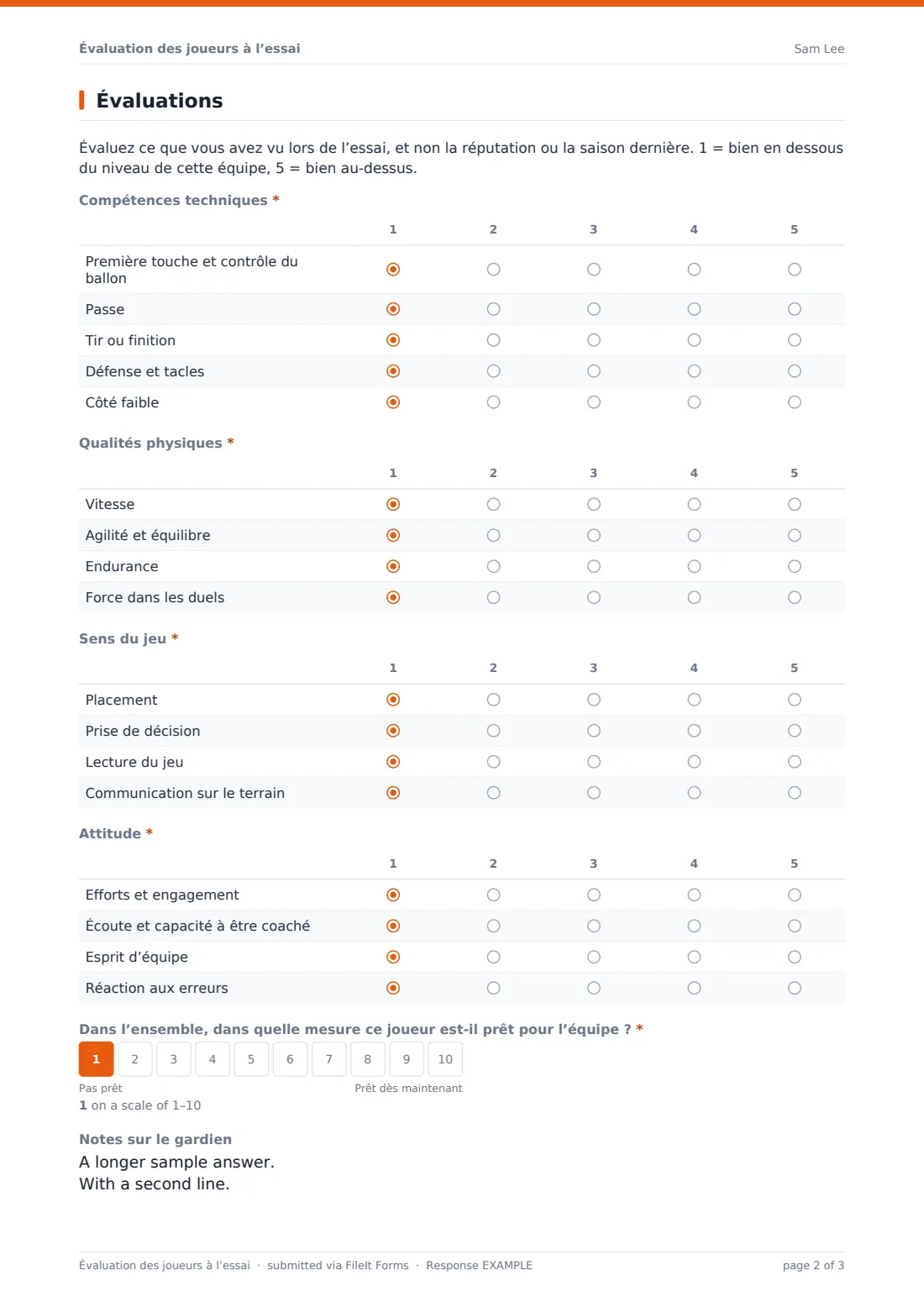 Évaluation des joueurs à l’essai — exemple de réponse au format PDF, page 2 sur 3
