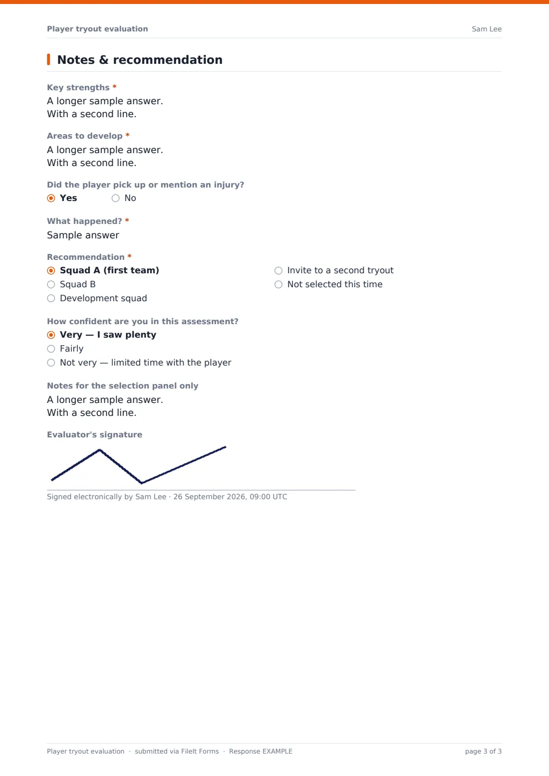 Player tryout evaluation — example response PDF, page 3 of 3