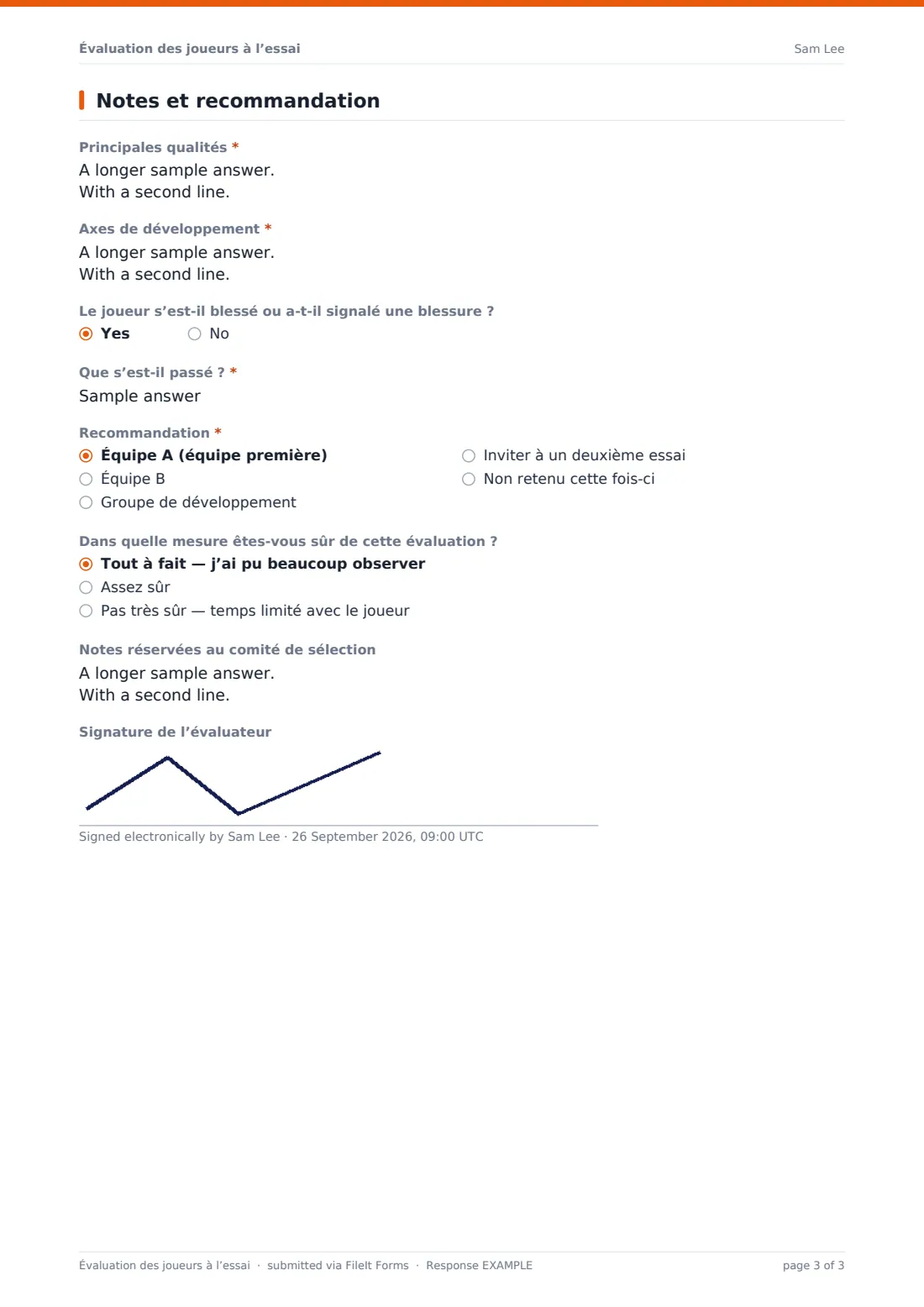 Évaluation des joueurs à l’essai — exemple de réponse au format PDF, page 3 sur 3
