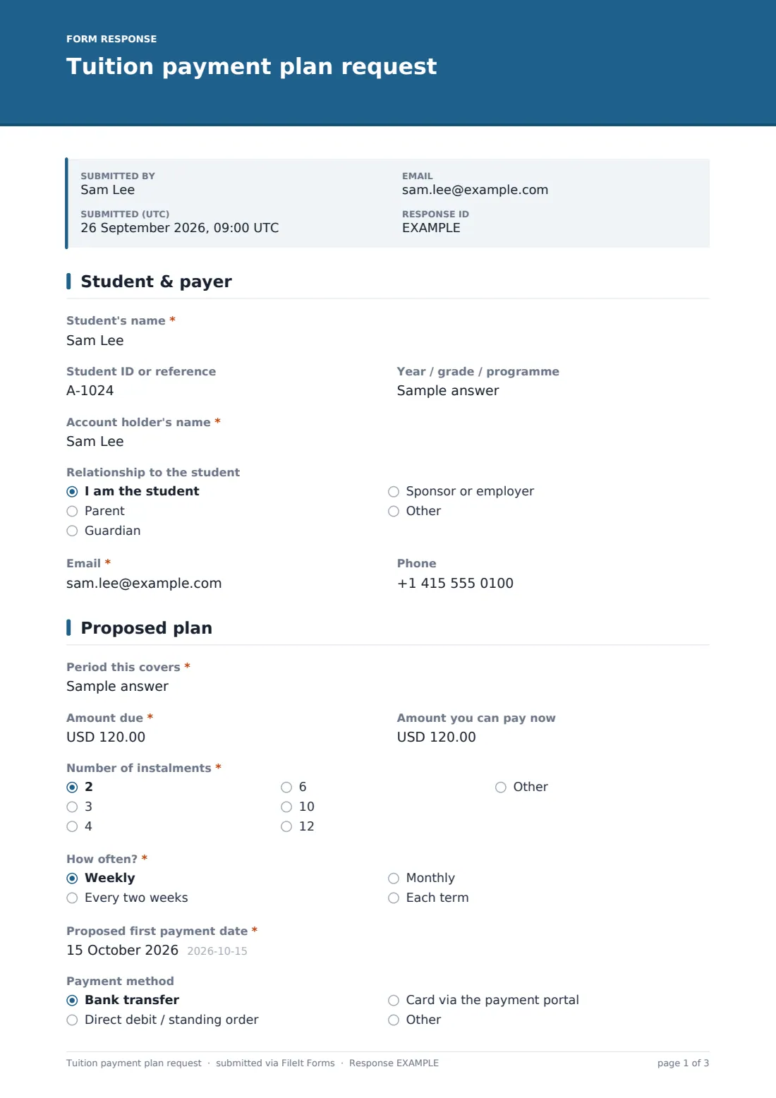 Tuition payment plan request — example response PDF, page 1 of 3