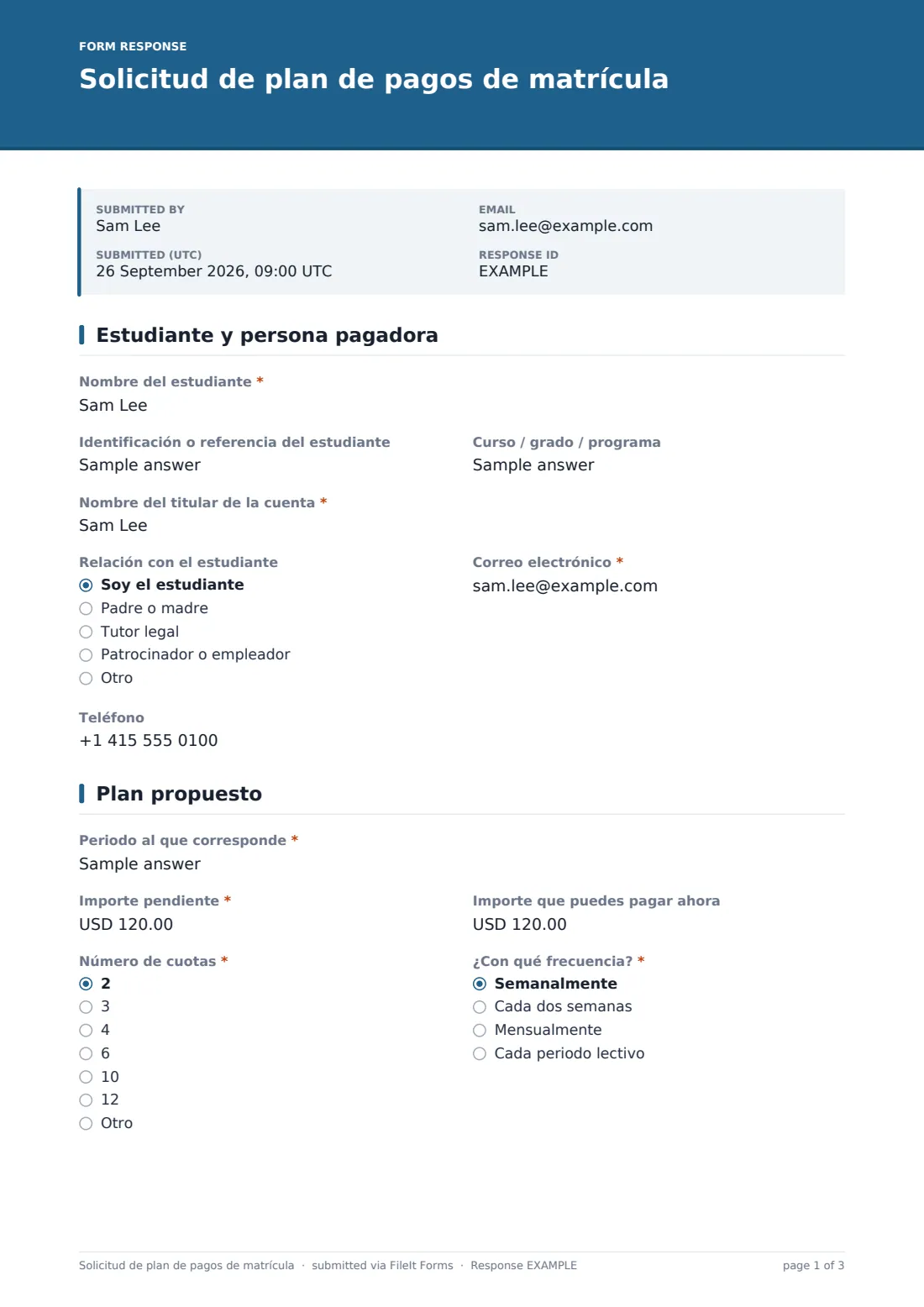 Solicitud de plan de pagos de matrícula — PDF de respuesta de ejemplo, página 1 de 3