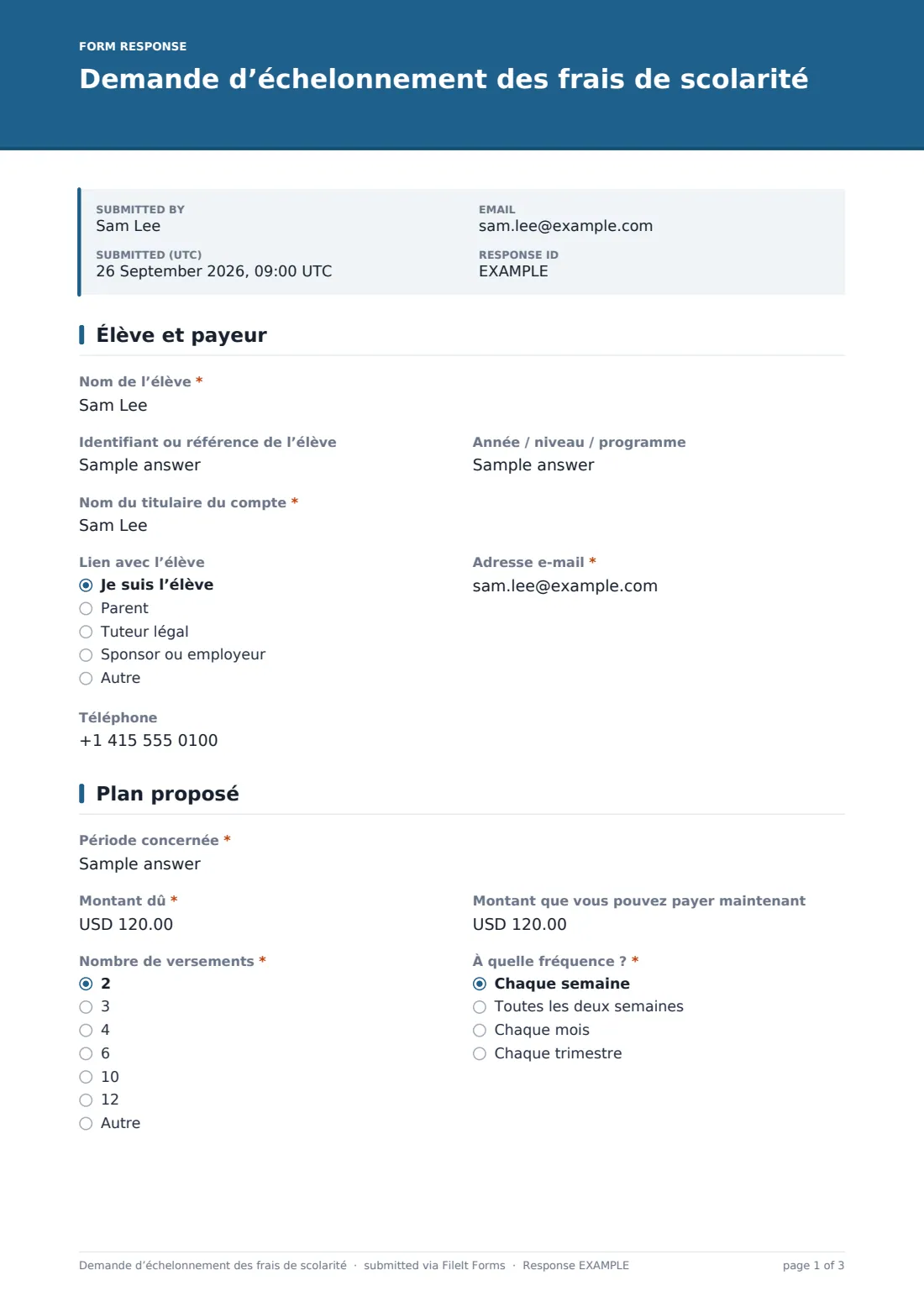 Demande d’échelonnement des frais de scolarité — exemple de réponse au format PDF, page 1 sur 3