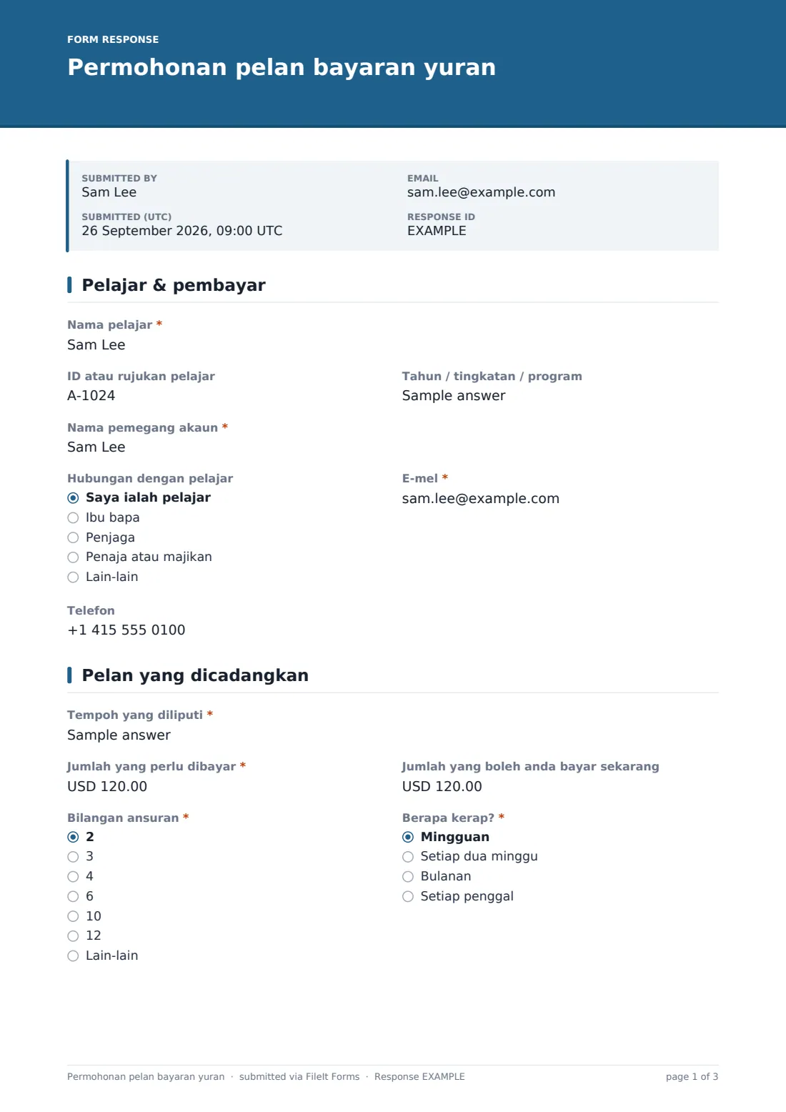 Permohonan pelan bayaran yuran — PDF respons contoh, halaman 1 daripada 3
