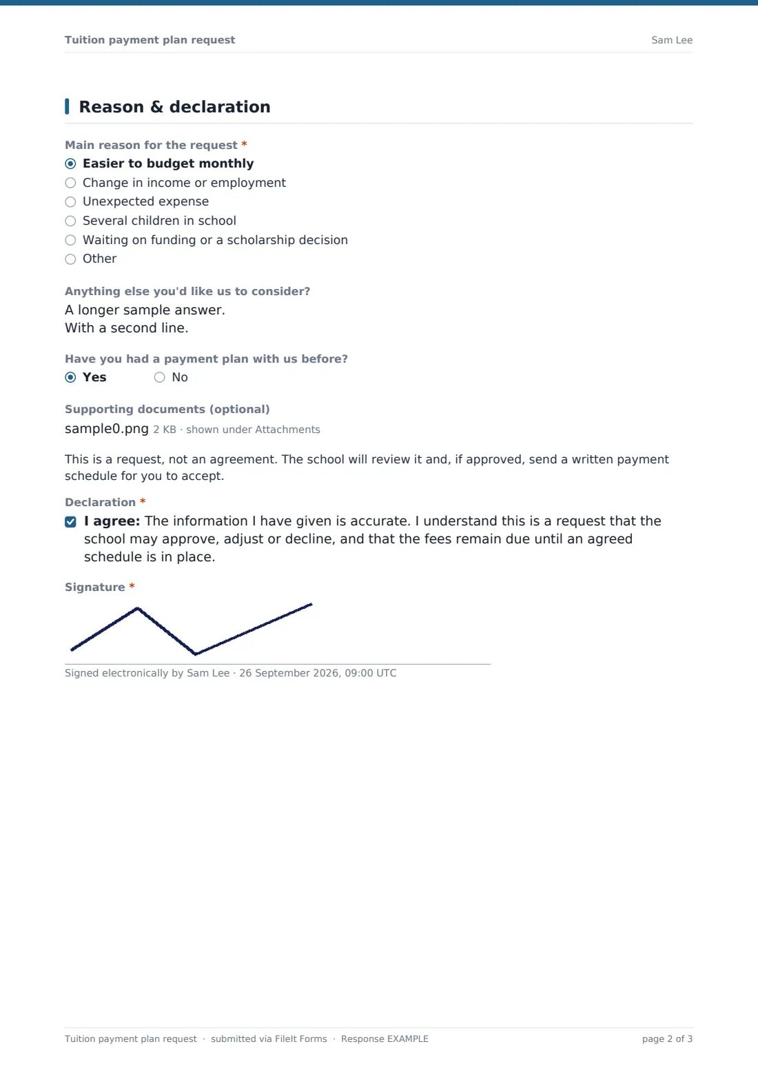 Tuition payment plan request — example response PDF, page 2 of 3