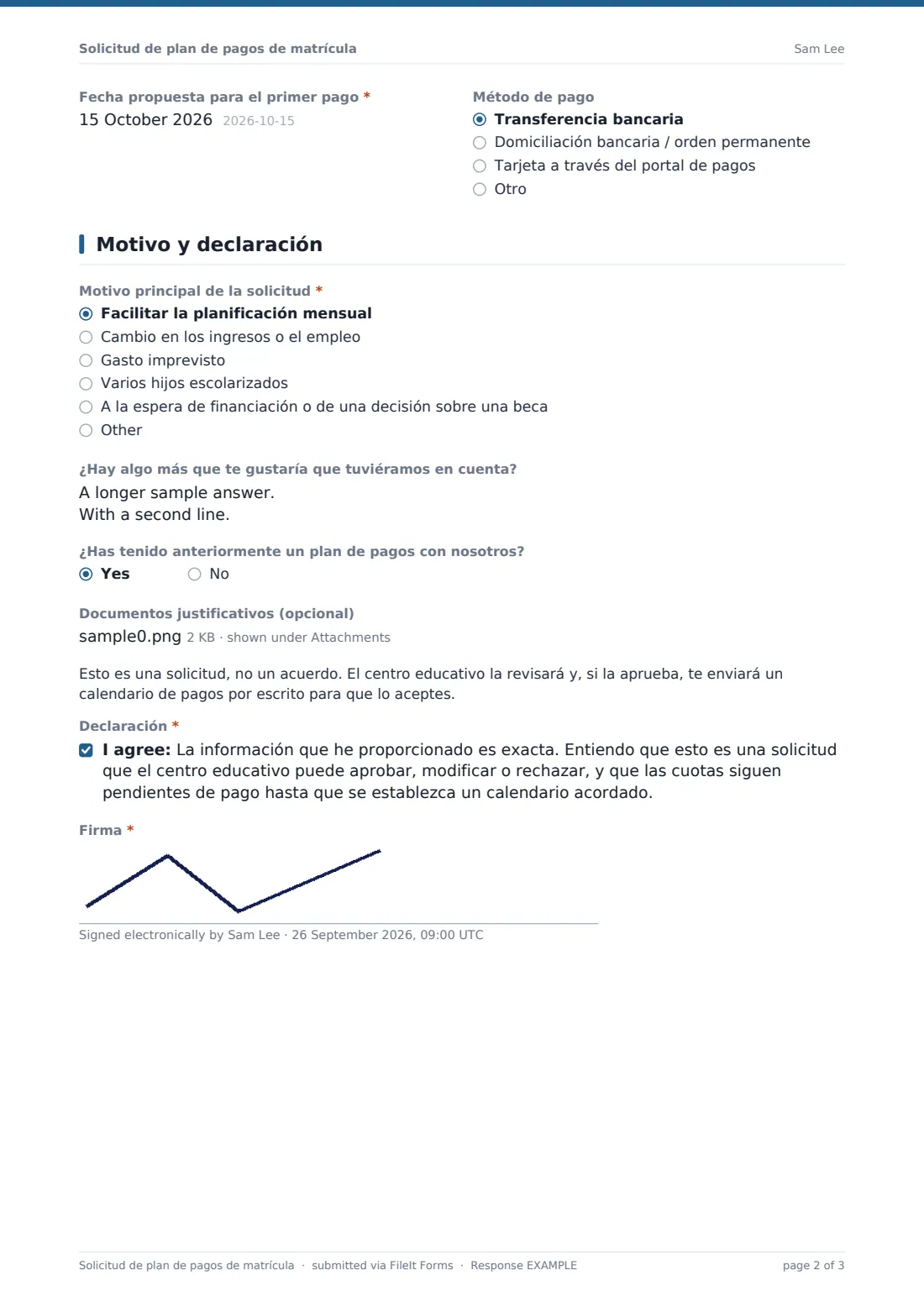 Solicitud de plan de pagos de matrícula — PDF de respuesta de ejemplo, página 2 de 3