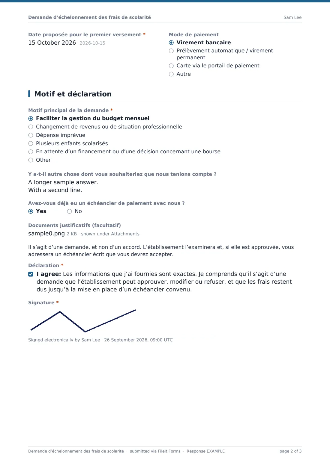 Demande d’échelonnement des frais de scolarité — exemple de réponse au format PDF, page 2 sur 3