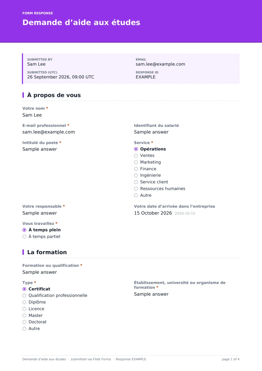 Demande d’aide aux études — exemple de réponse au format PDF, page 1 sur 4