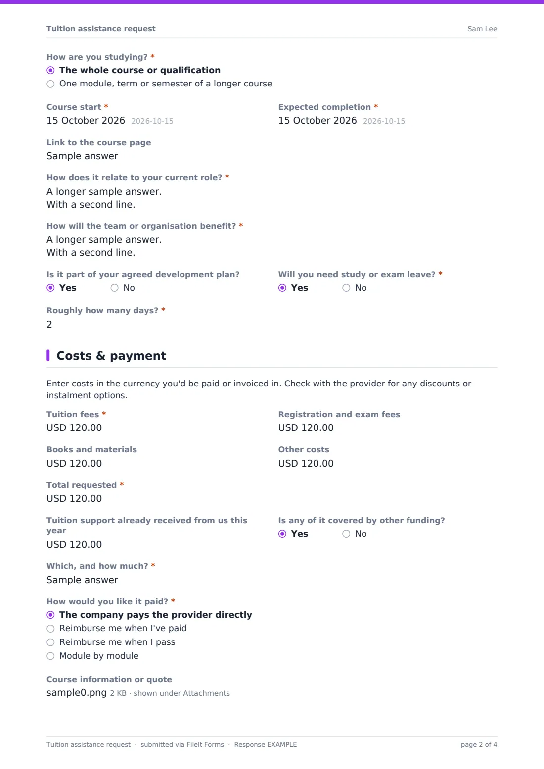 Tuition assistance request — example response PDF, page 2 of 4