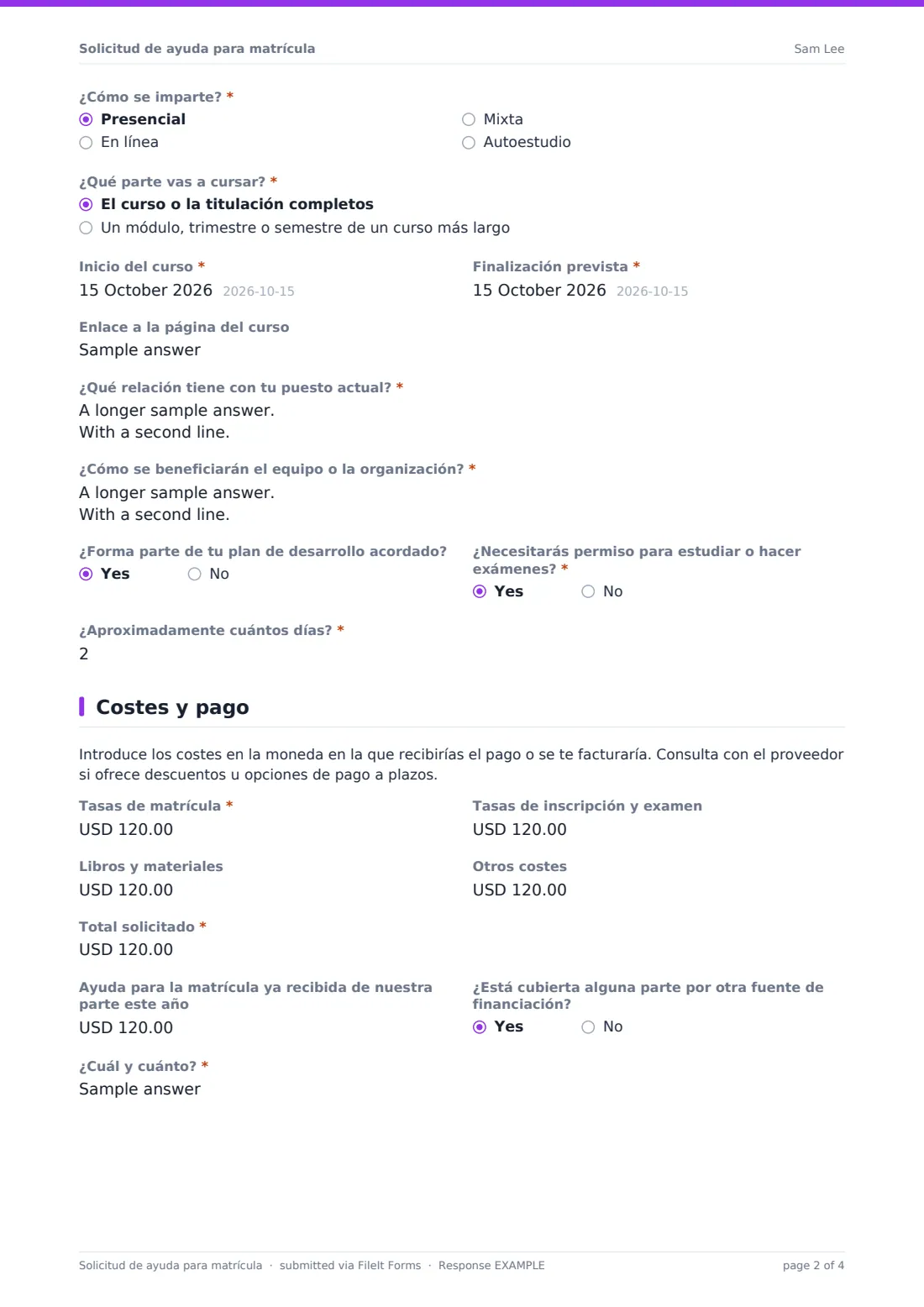 Solicitud de ayuda para matrícula — PDF de respuesta de ejemplo, página 2 de 4