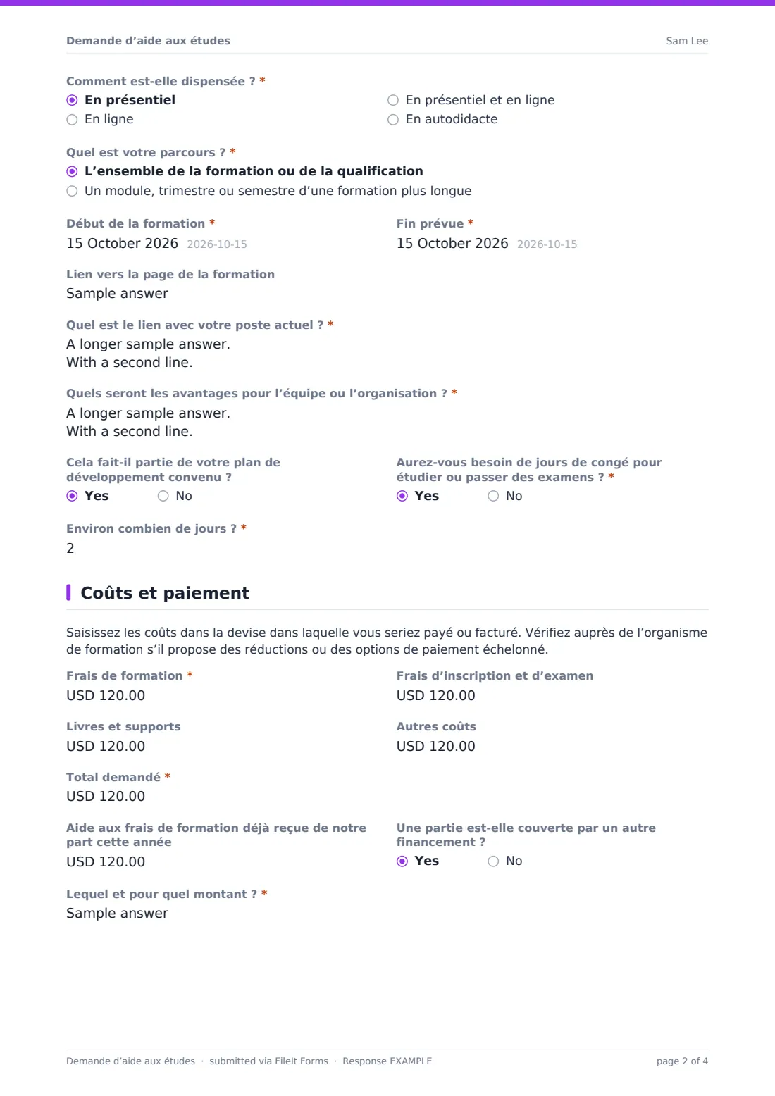 Demande d’aide aux études — exemple de réponse au format PDF, page 2 sur 4