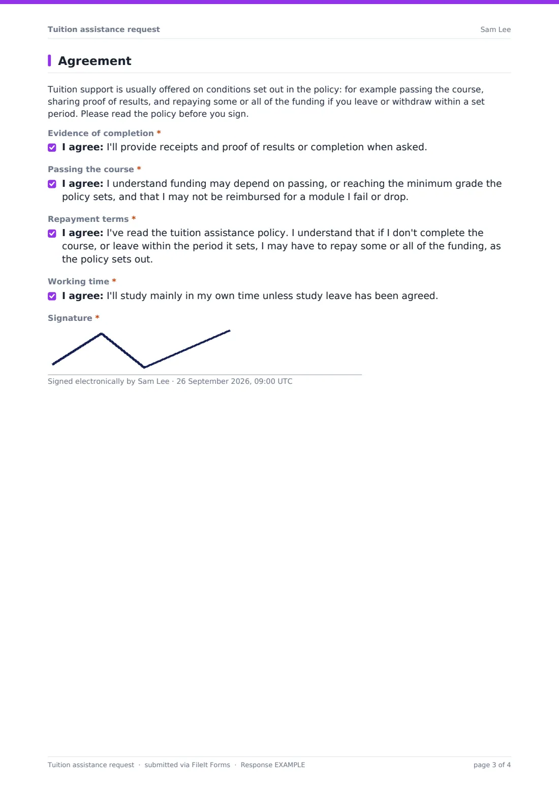 Tuition assistance request — example response PDF, page 3 of 4