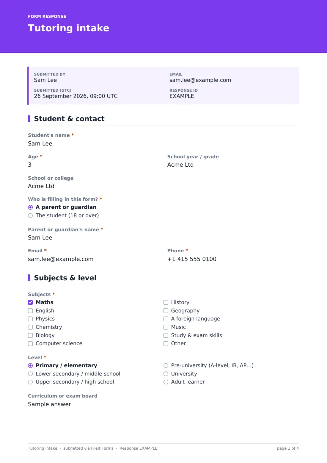 Tutoring intake — example response PDF, page 1 of 4