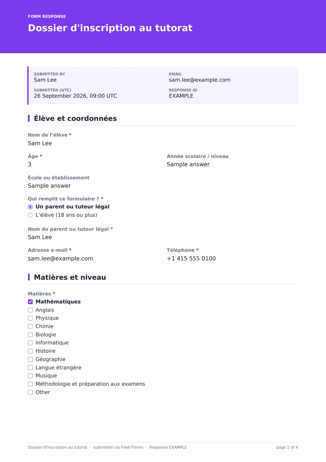 Dossier d'inscription au tutorat — exemple de réponse au format PDF, page 1 sur 4
